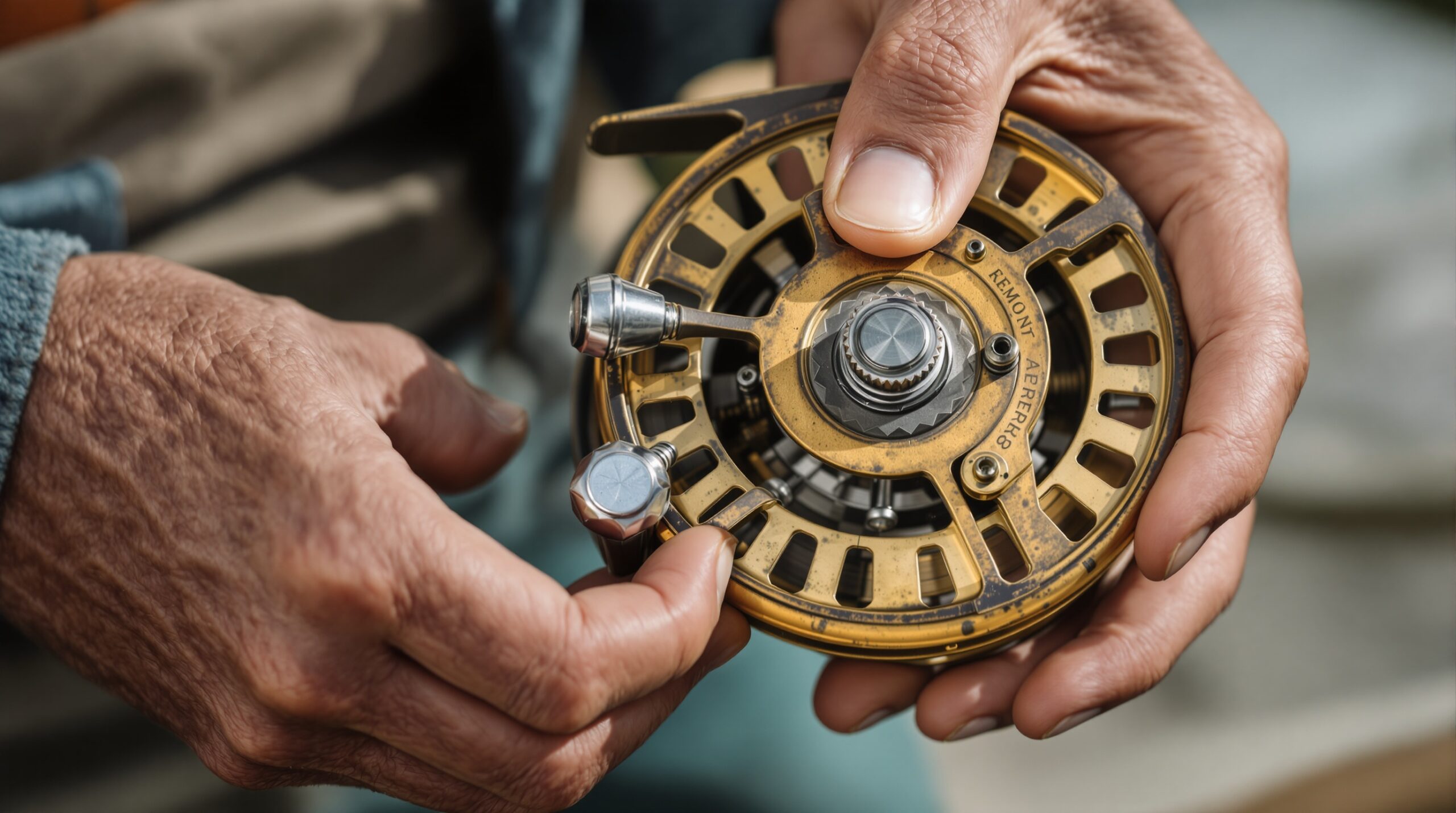 Experienced hands inspecting vintage fly fishing reel, testing mechanical action and examining craftsmanship details