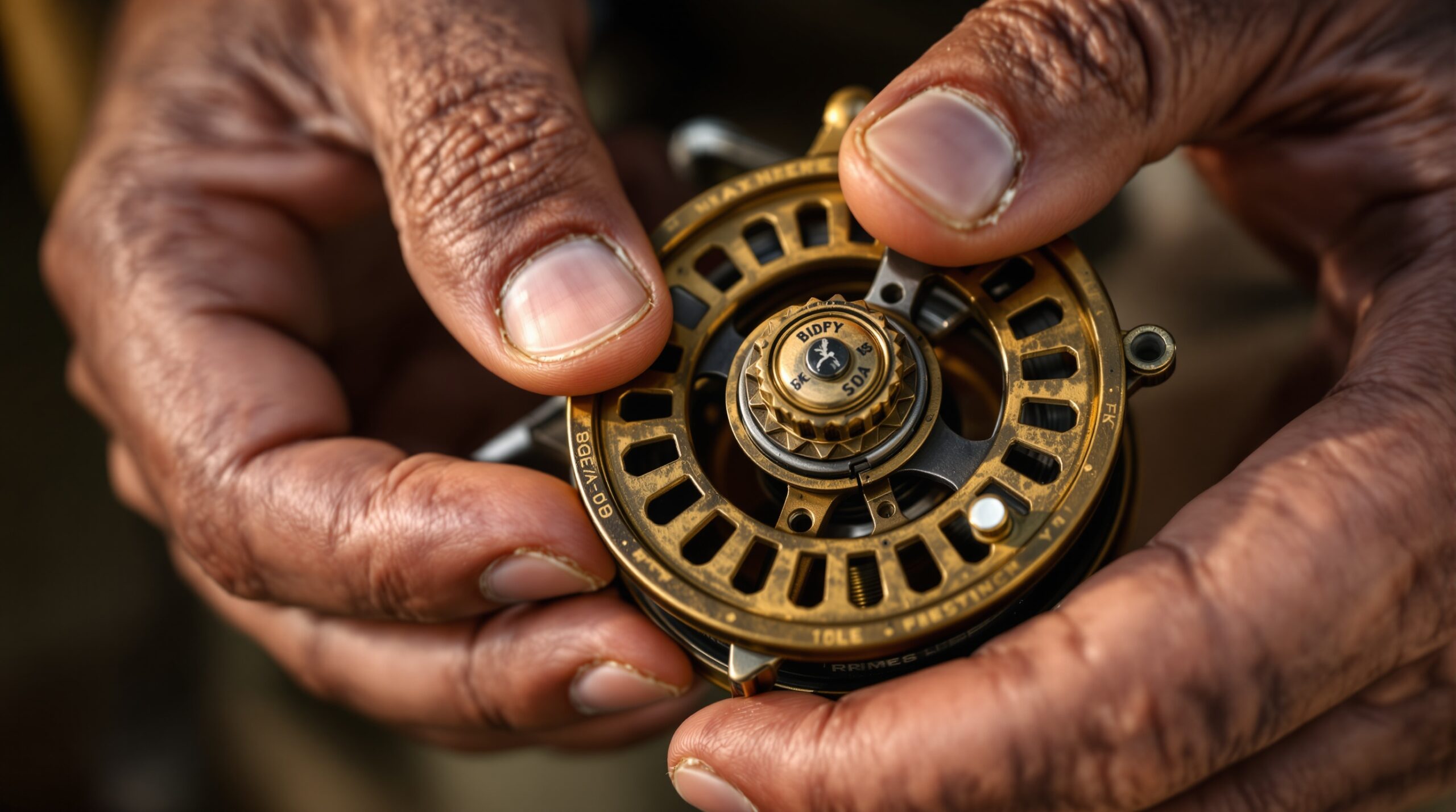 Hands examining vintage fly fishing reel, checking drag mechanism and condition of ornate brass equipment