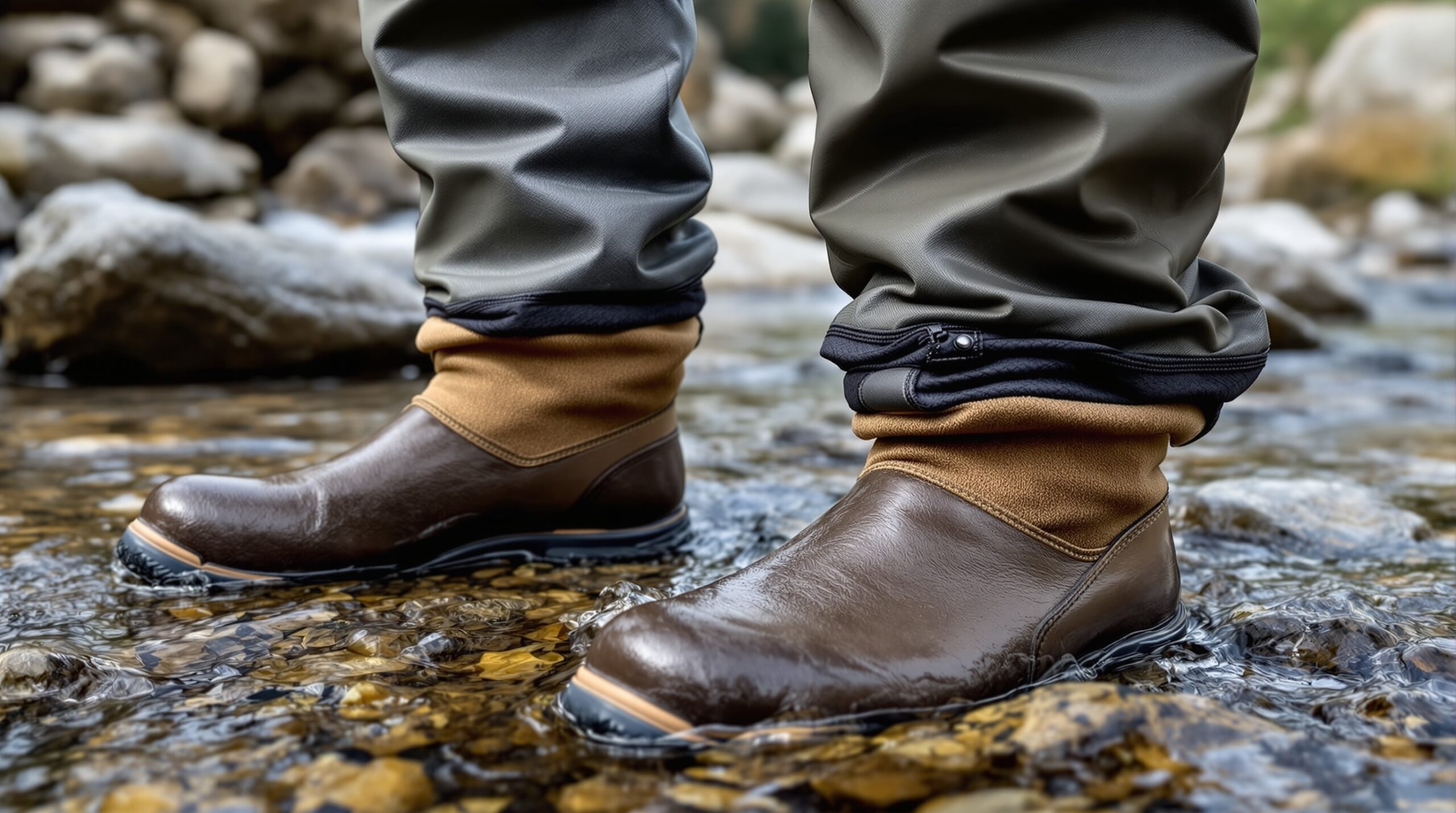 Close-up of fly fishing waders properly fitted around angler's legs and boots on wet river rocks