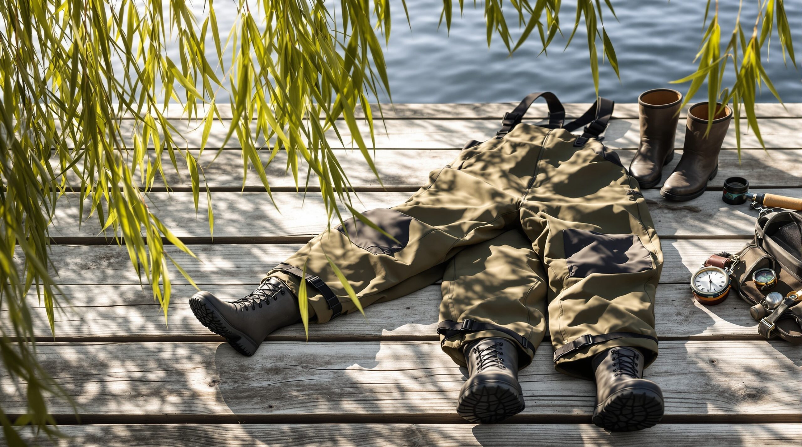 Premium fly fishing waders with reinforced seams and adjustable suspenders laid on wooden dock beside tackle box