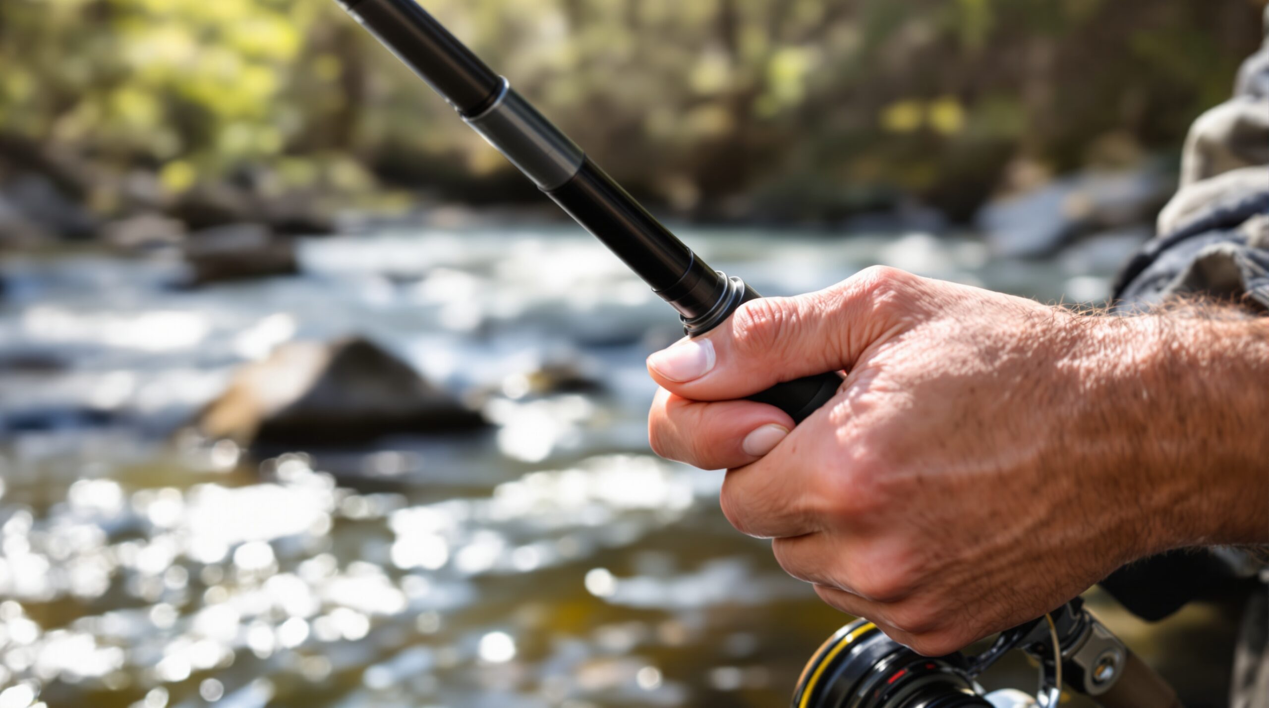 Angler's hands demonstrating proper grip on fly fishing rod handle with cork grip and reel seat by flowing river