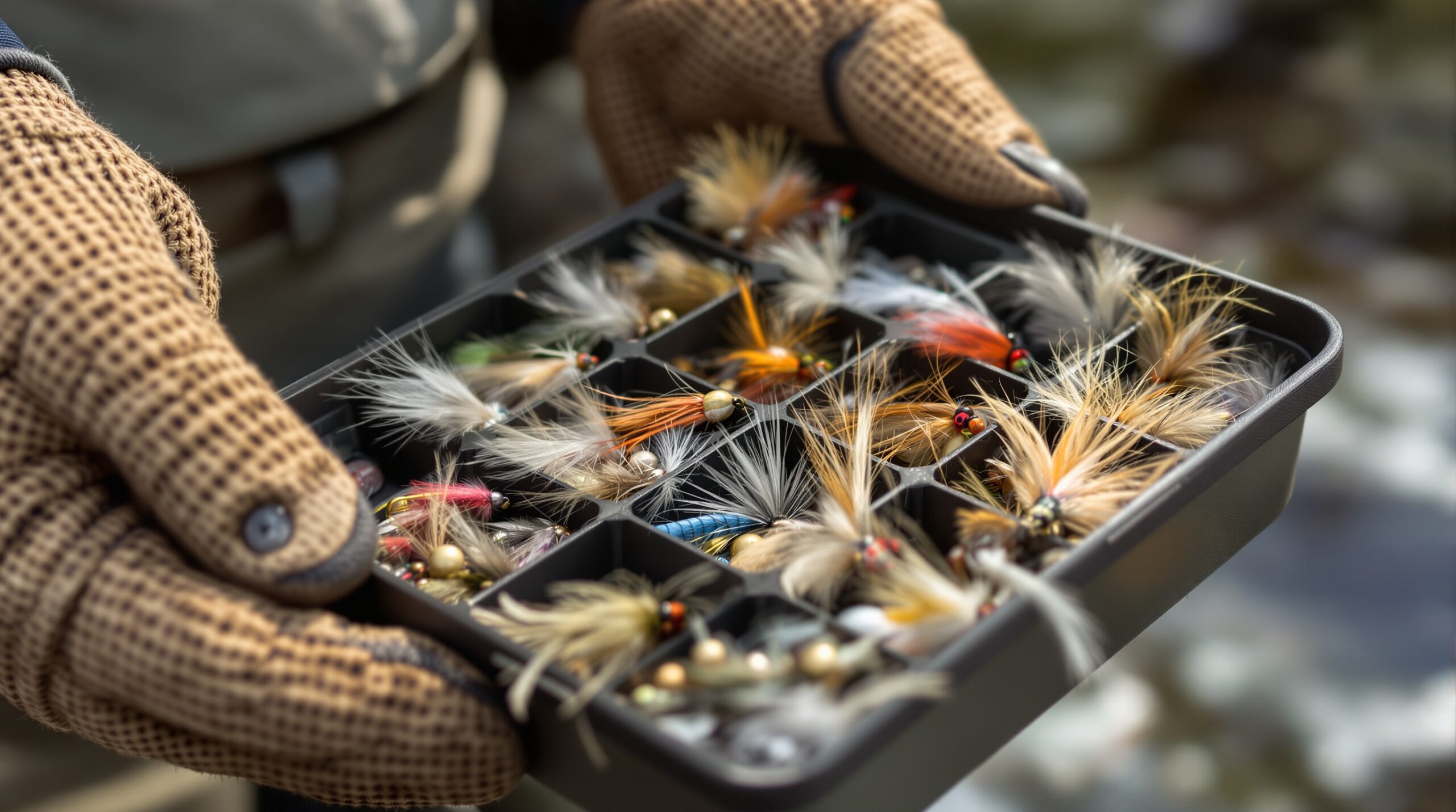 Fisherman's hands selecting fly fishing flies from organized tackle box with various seasonal patterns and colors