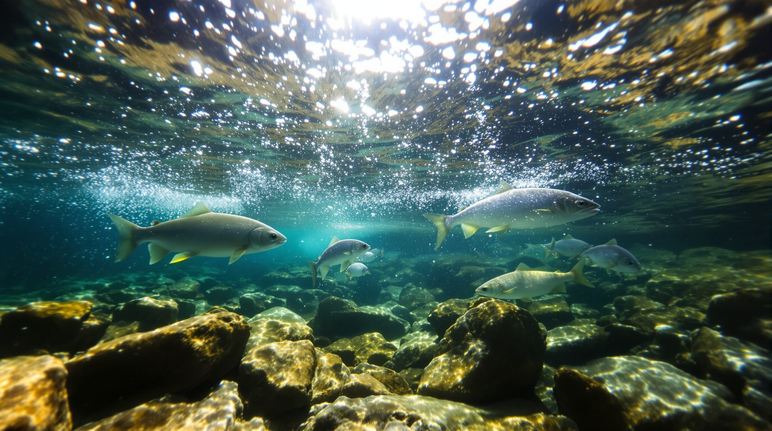 Underwater view of different fly fishing tippet thicknesses in clear stream water with trout examining the lines
