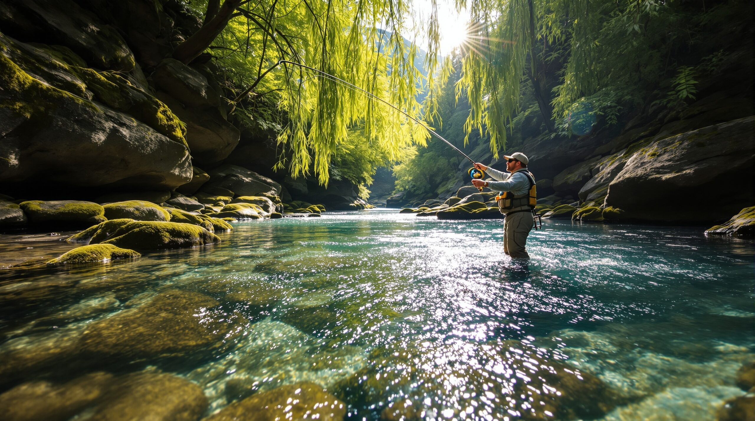 Fly fisherman casting in mountain river with tippet line visible connecting to dry fly above water surface