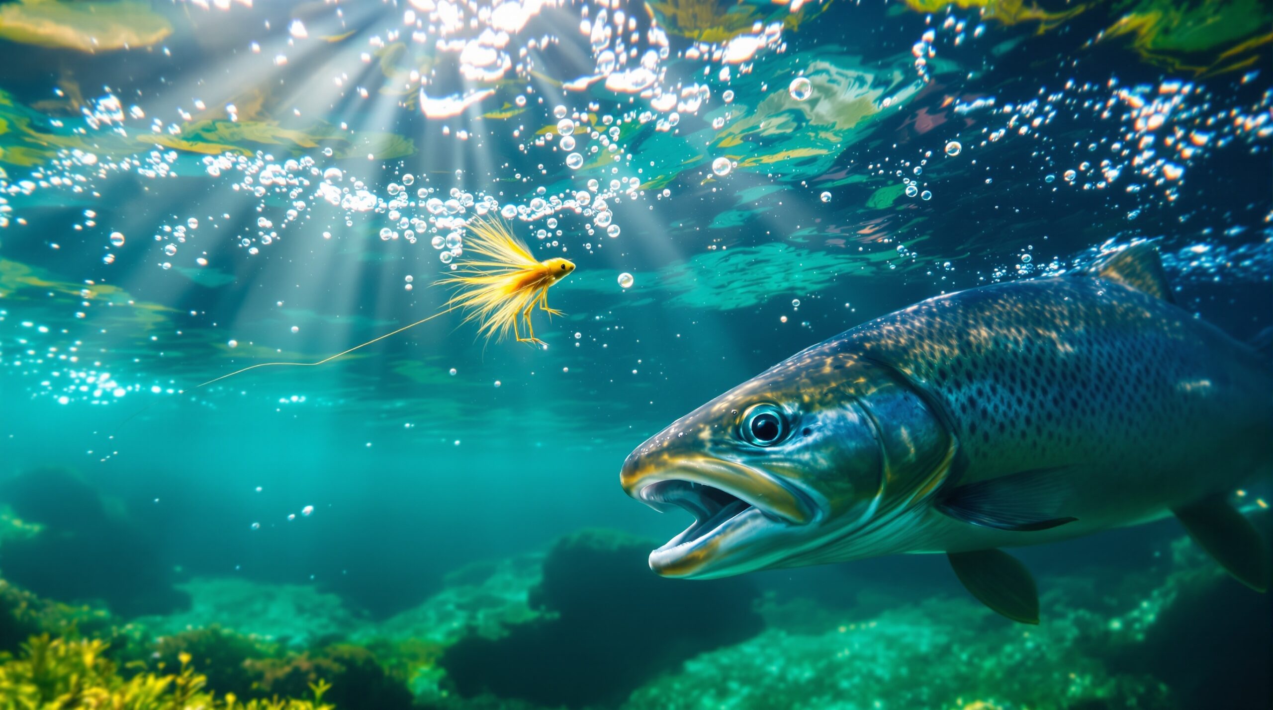 Underwater view of fly fishing tippet connected to leader in clear stream water with dry fly above and trout in background