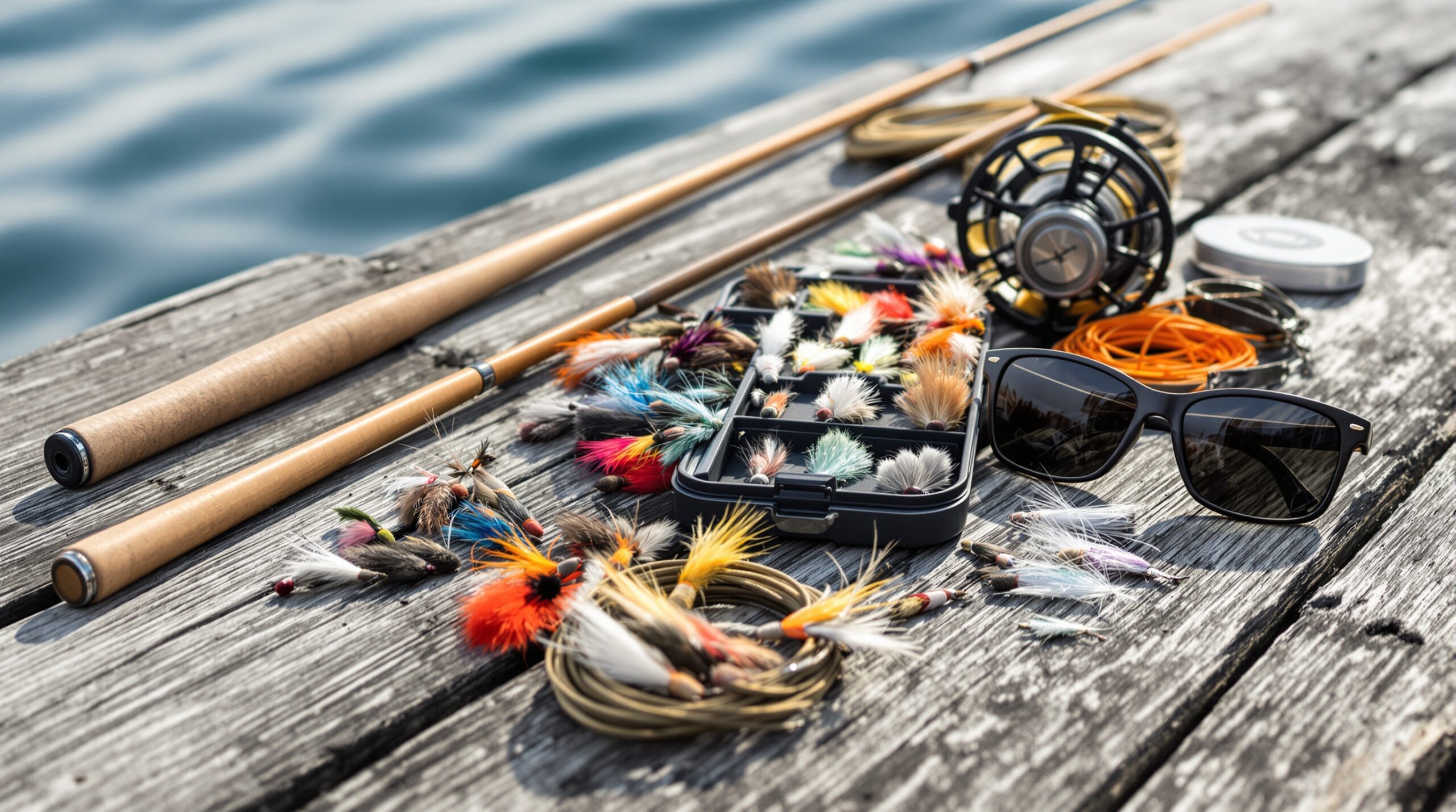 Essential fly fishing gear laid out on wooden dock including rod, reel, colorful flies, and tackle box for beginners