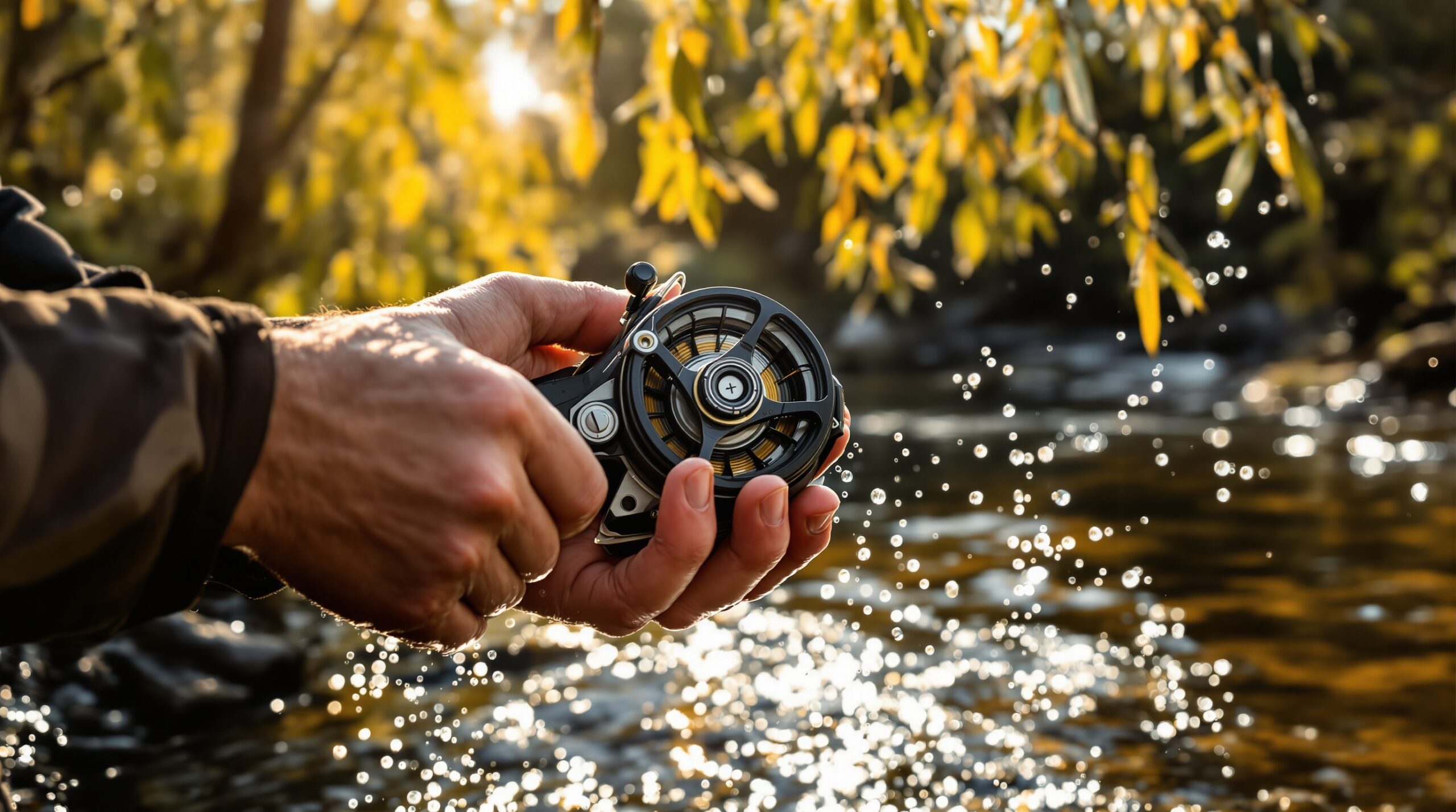 Angler's hands holding premium fly fishing reel mid-cast by mountain stream with golden hour lighting