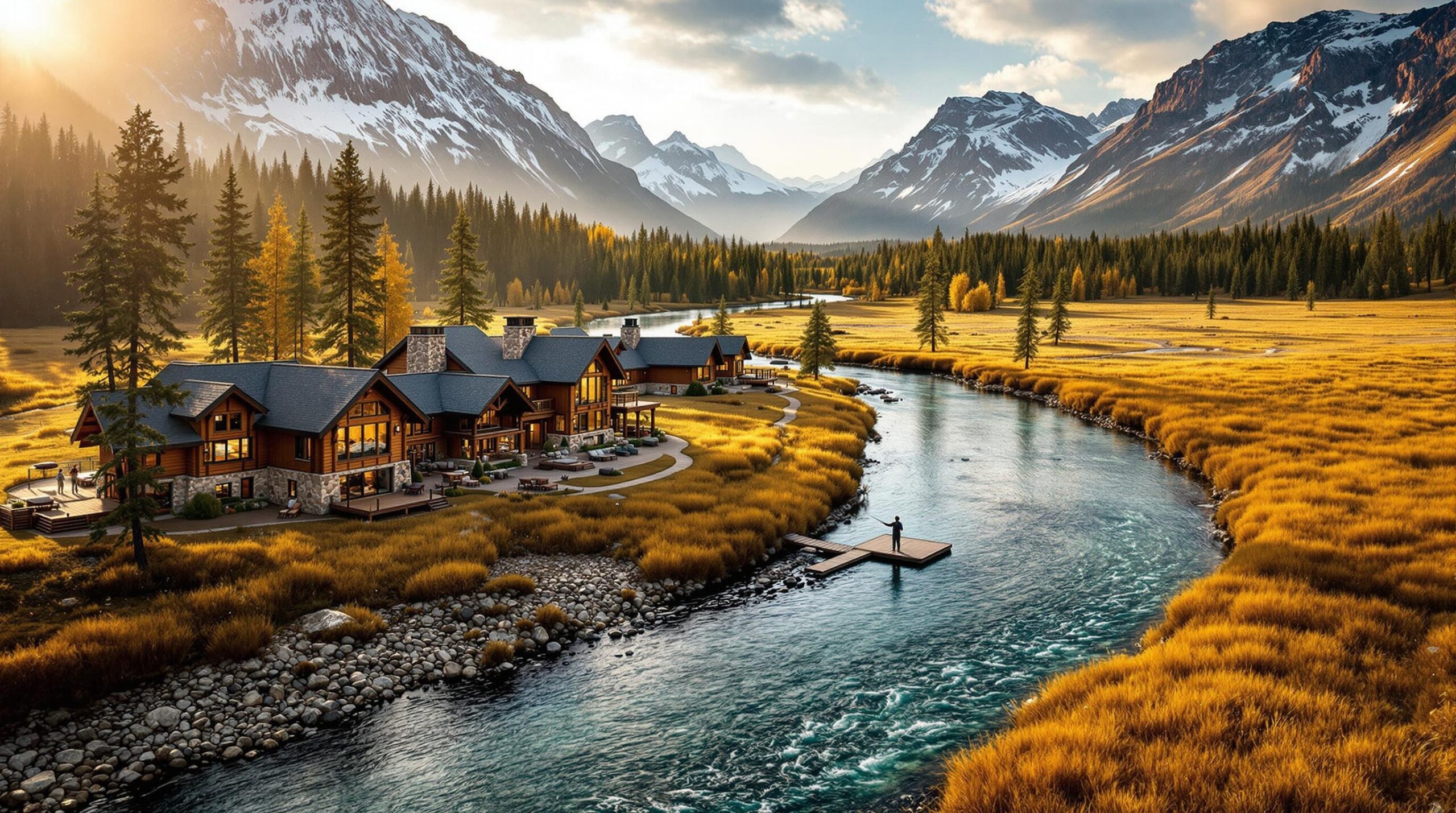 Aerial view of luxury fishing lodges in Yellowstone's mountain valley with wooden buildings along a crystal-clear river, snow-capped peaks, and an angler casting from a dock surrounded by autumn foliage