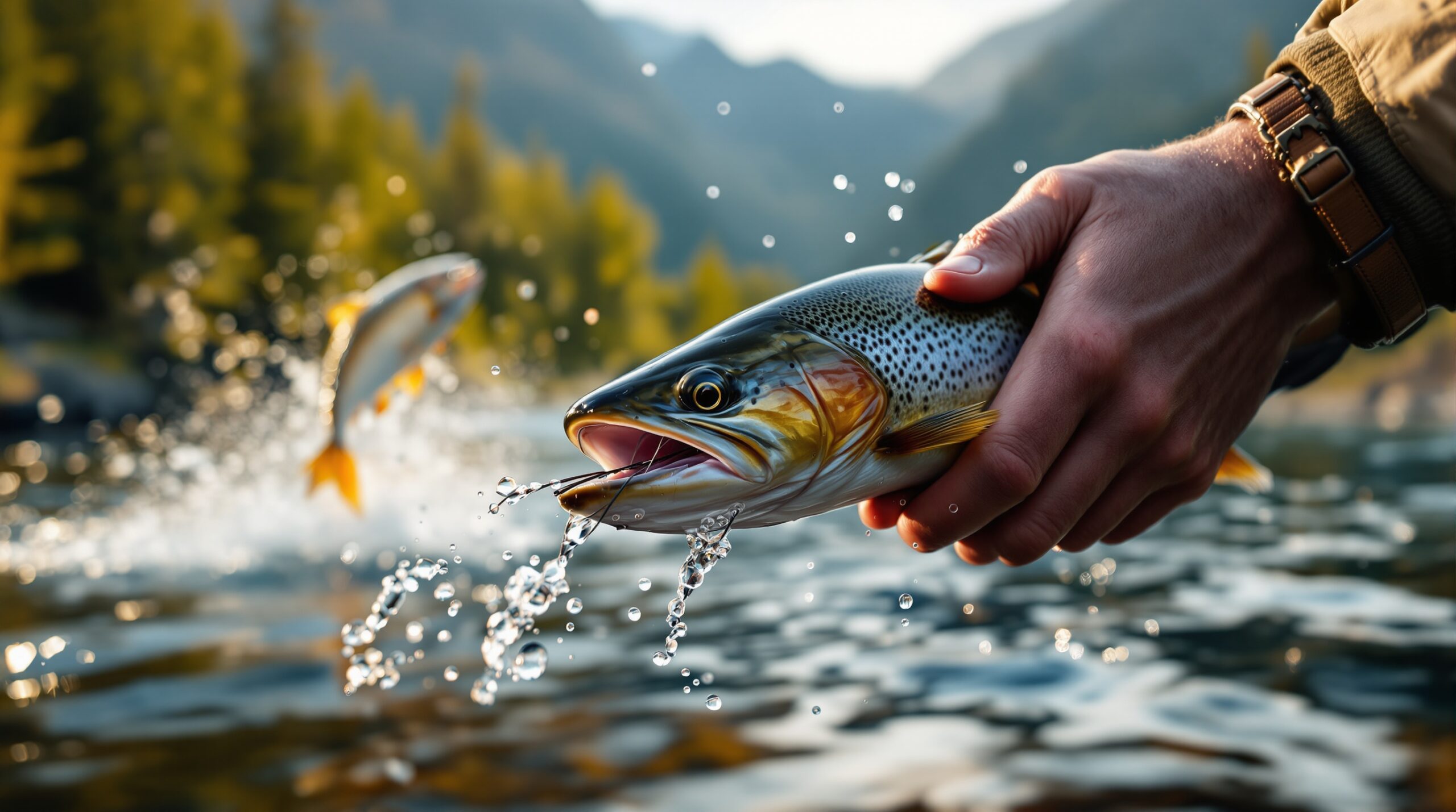 Frustrated angler with broken undersized fly fishing rod weights as large trout escapes in mountain river at golden hour