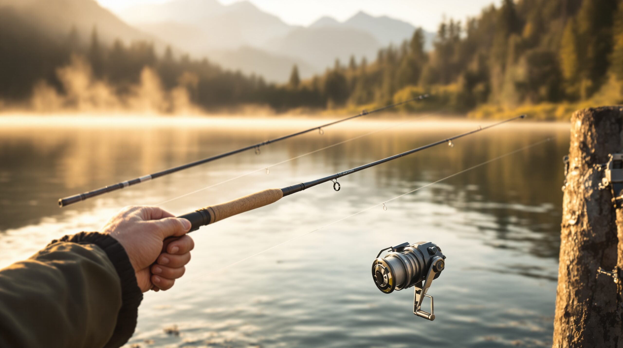 Angler comparing multiple fly rod weights at golden hour lakeside, demonstrating fly rod weights chart selection process