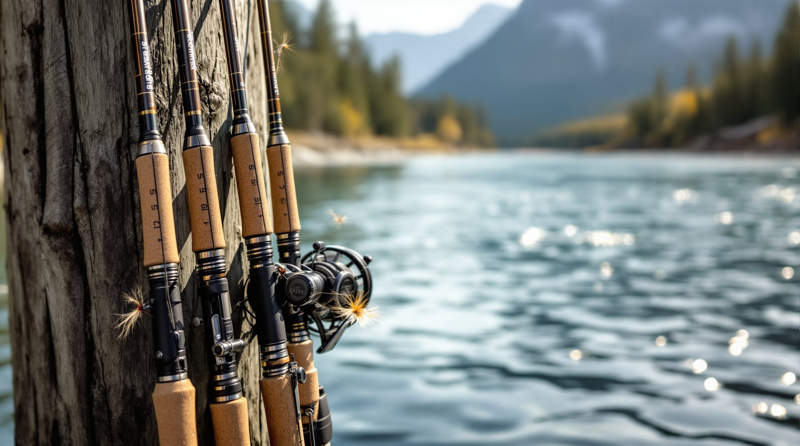 Multiple fly rods with visible fly rod weights chart markings leaning against wooden dock, showing different rod thicknesses