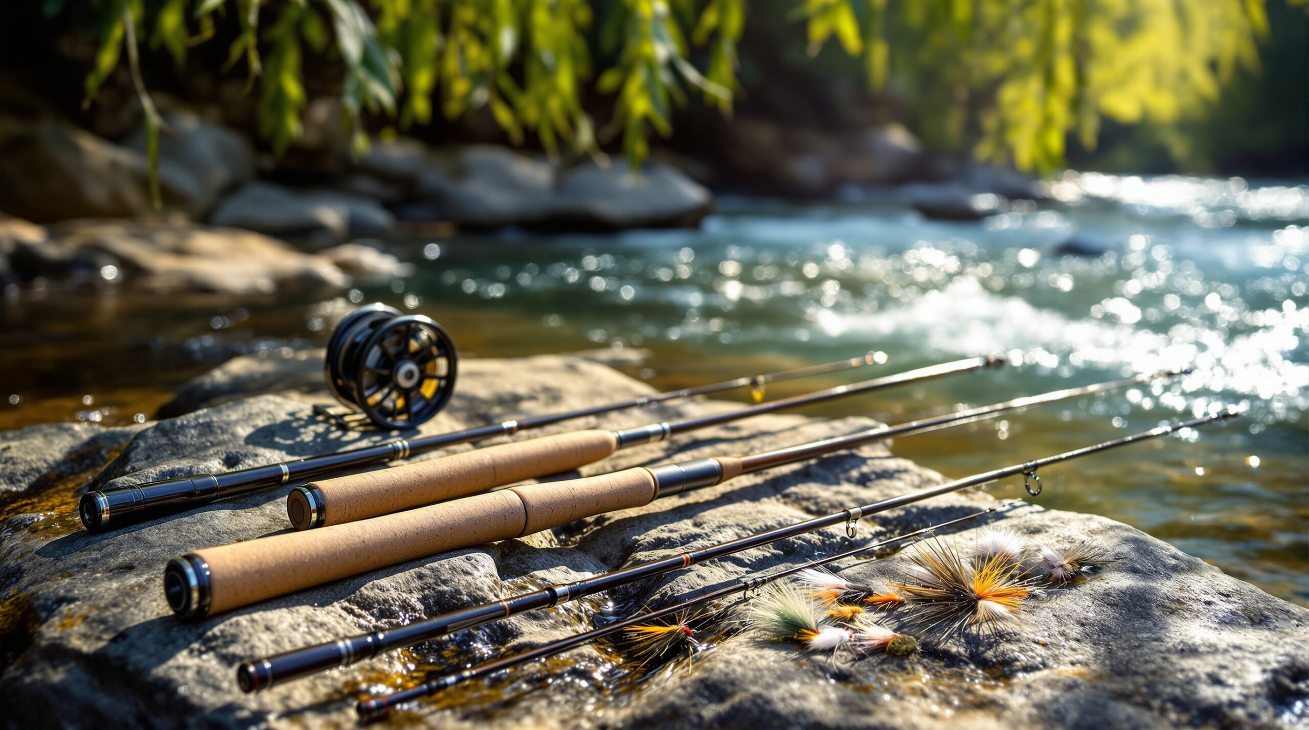 Four fly fishing rod weights of different thicknesses displayed on river rocks beside a mountain stream with reel and flies