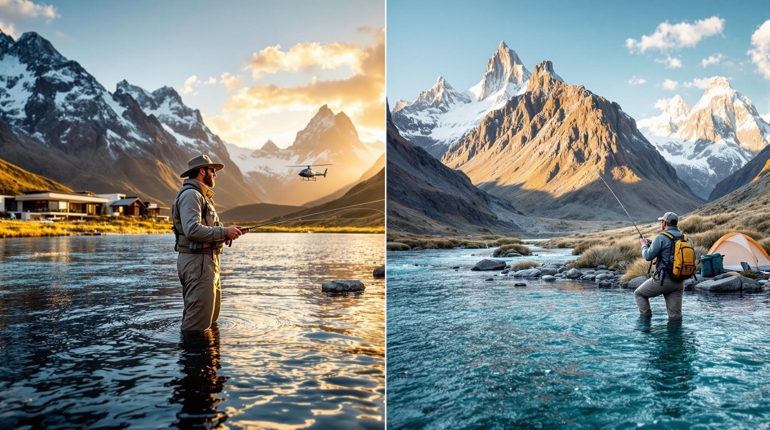 Split-screen comparison of luxury fly fishing trips versus budget fishing in Patagonia, showing an upscale angler with premium gear and helicopter lodge on the left contrasted with a budget traveler at a basic campsite on the right, both enjoying the same pristine turquoise waters and dramatic mountain landscape.