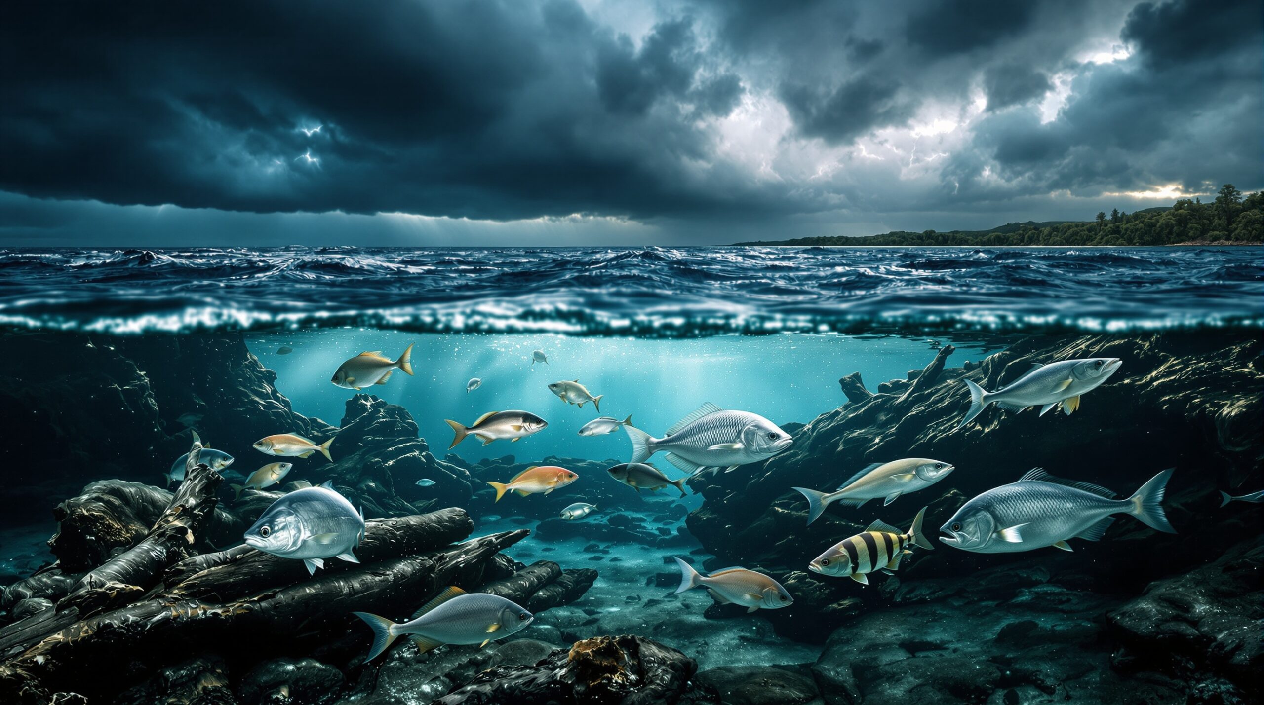 Split view showing stormy sky with lightning above water and active fish feeding near underwater structures below