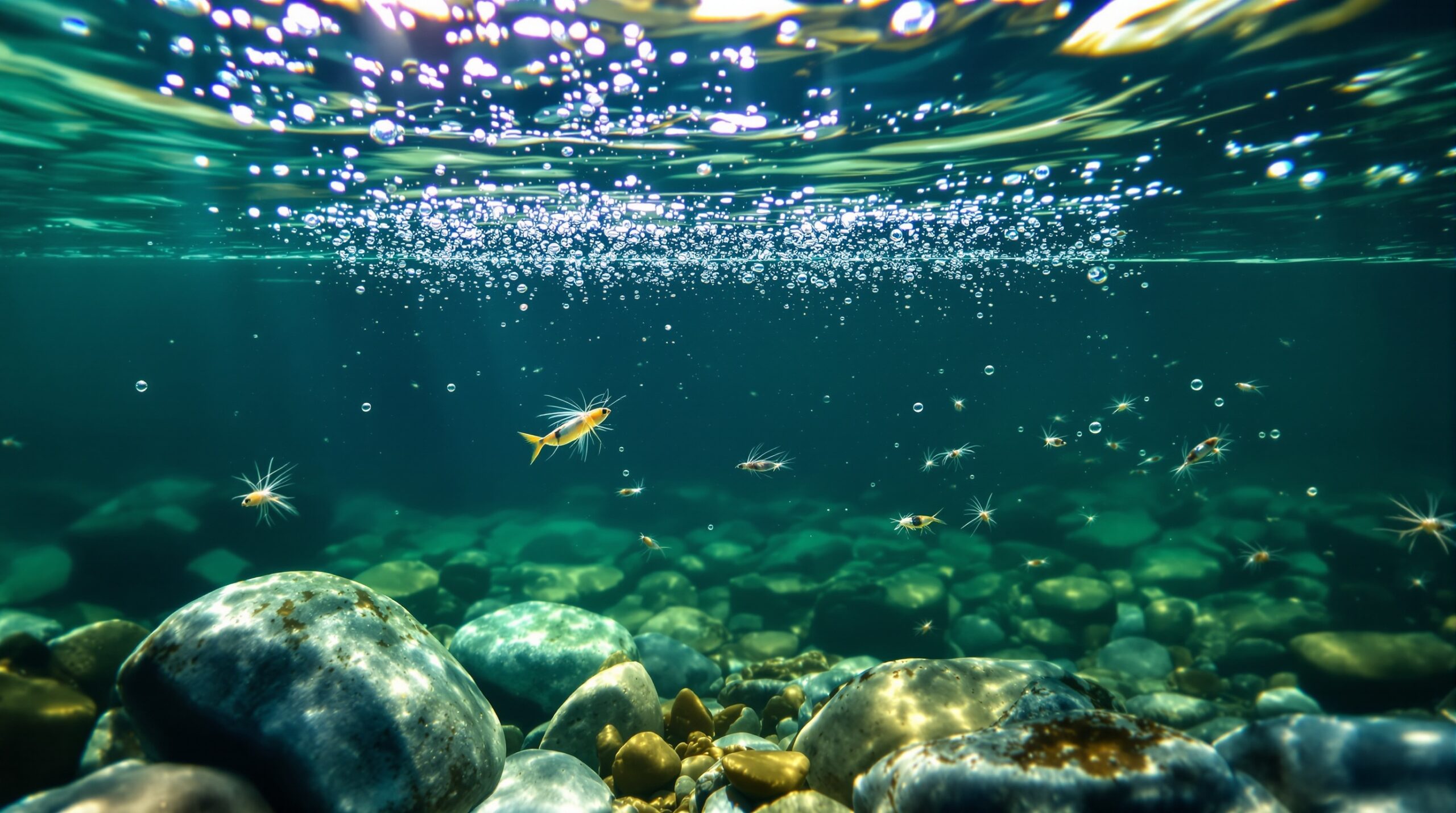 Underwater view of nymphs drifting mid-depth in trout stream with sunlight filtering through clear water