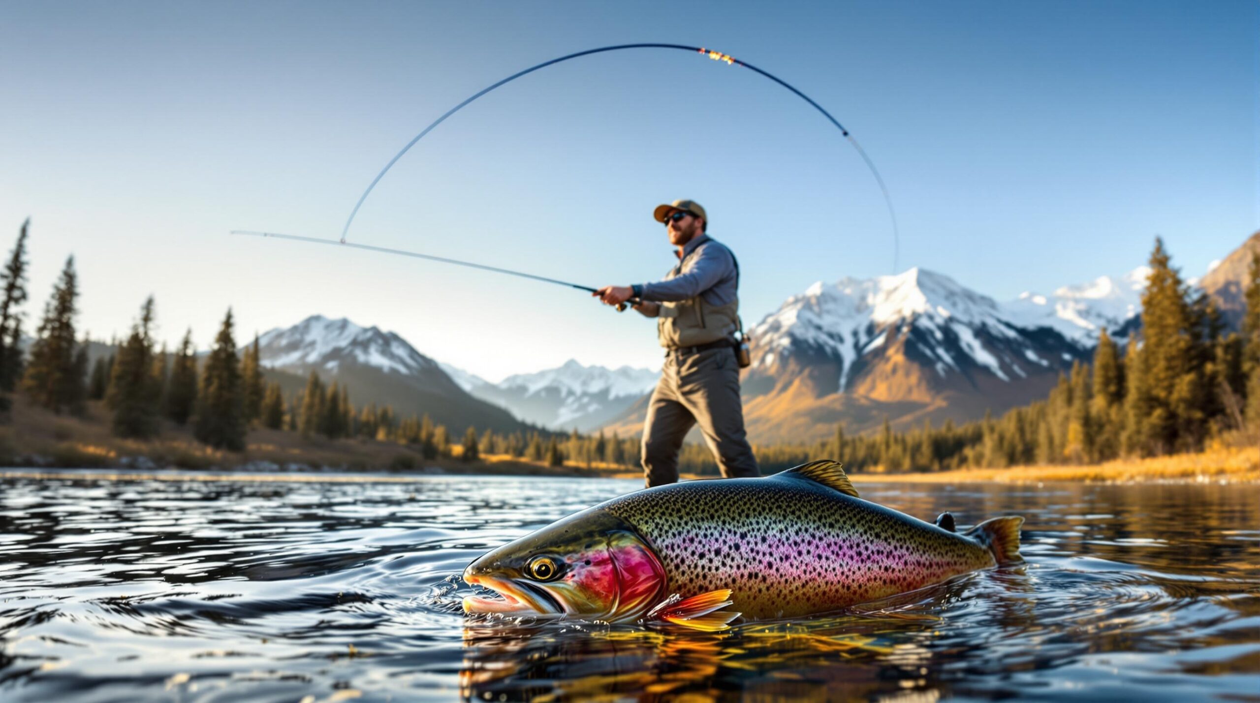  A fly fisherman casting in crystal-clear waters of the Yakima River during golden hour, showcasing the natural beauty of fly fishing in Washington state with snow-capped Cascades and evergreen forests in the background. 