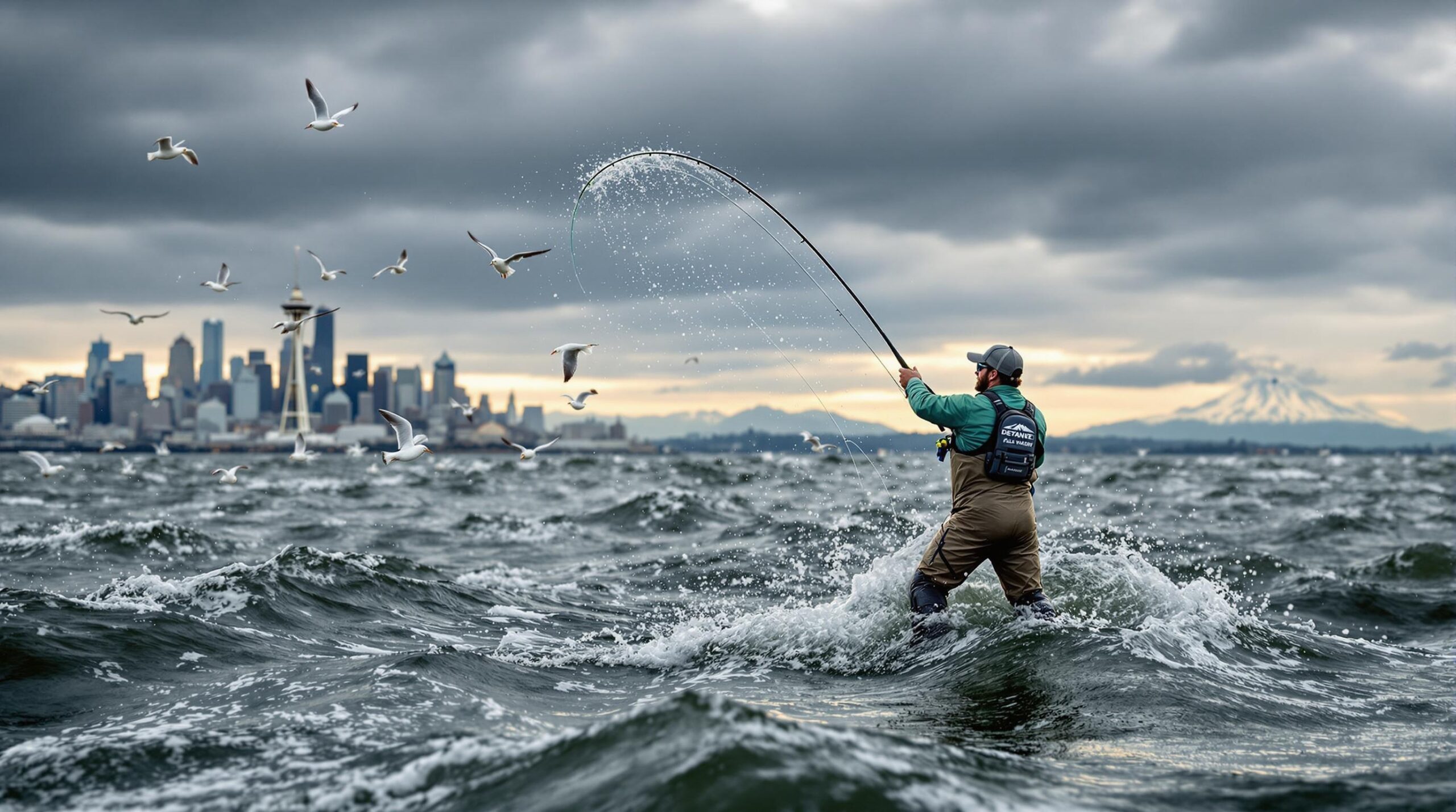 Fly fisherman in waders casting for jumping coho salmon during Puget Sound salmon fly fishing with Seattle skyline and Mount Rainier in background