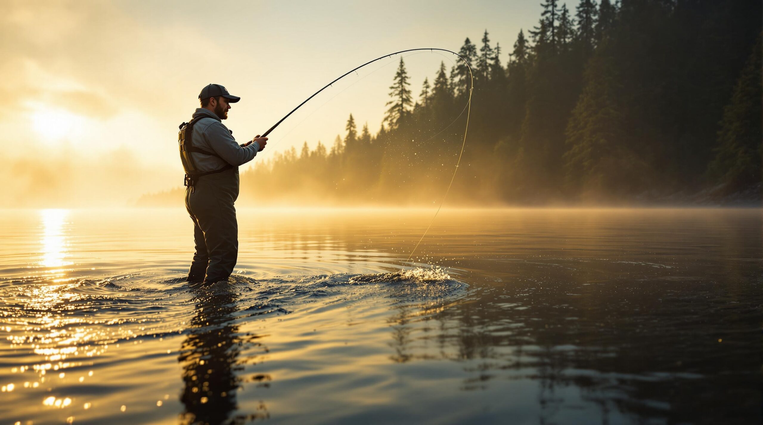 Fly fisherman casting for sea-run cutthroat trout at dawn in Puget Sound