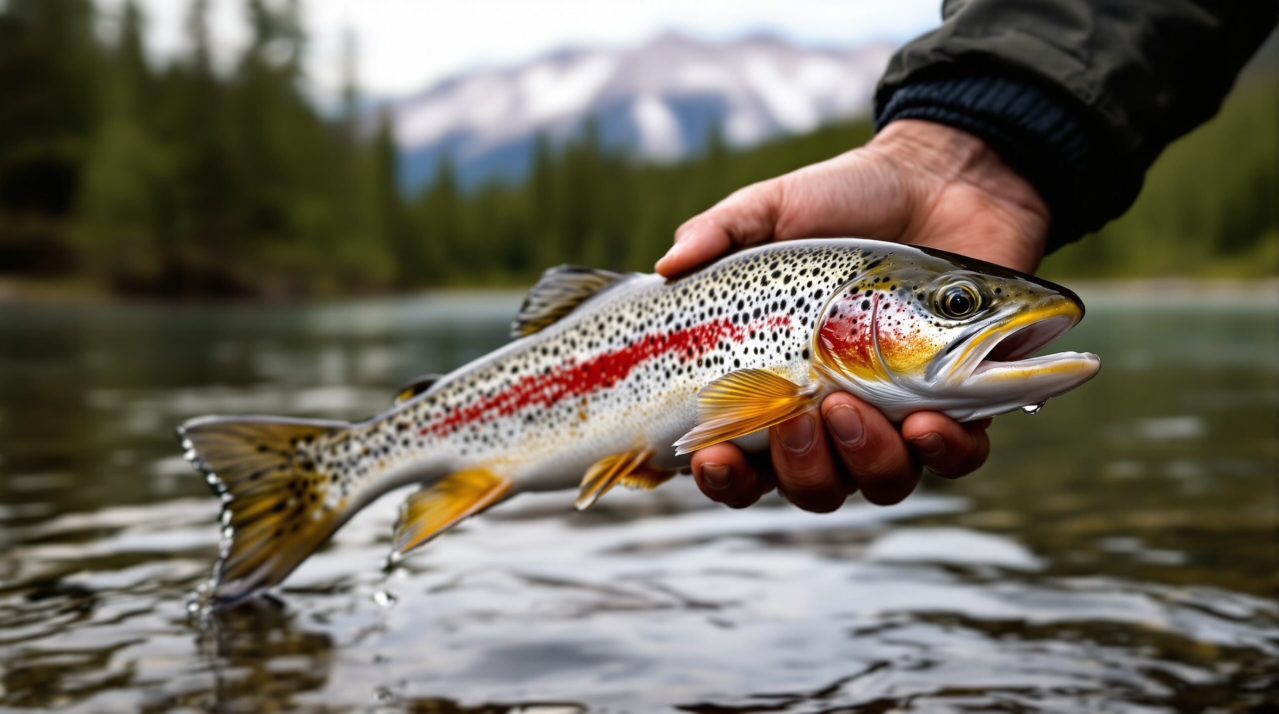 Weathered hands holding native Yellowstone cutthroat trout above water during fly fishing vacation catch-and-release