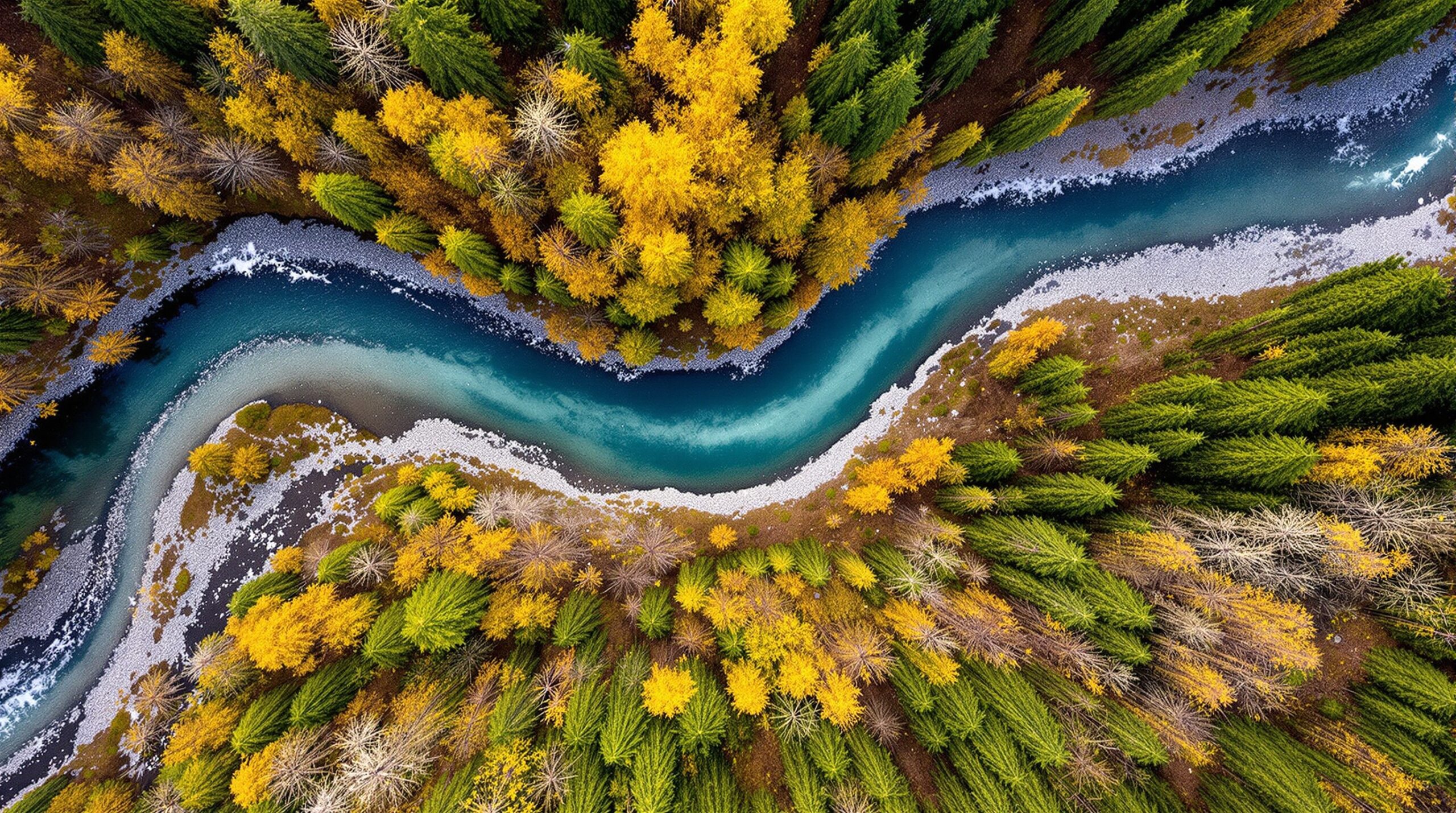 Aerial view of winding mountain stream showing trout migration patterns through deep pools and shallow riffles in autumn