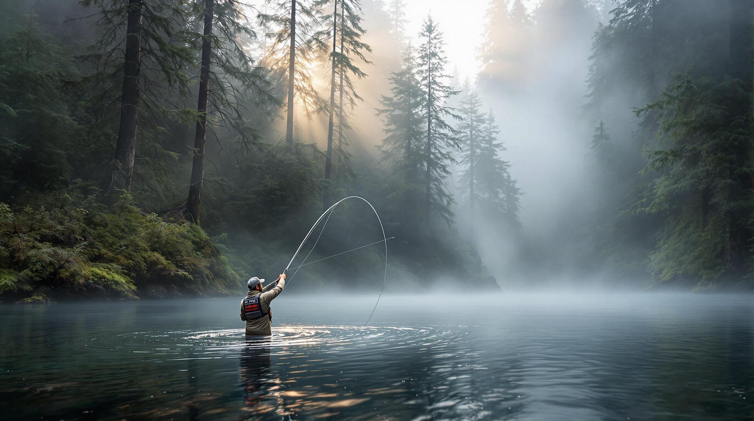 Olympic Peninsula steelhead angler performs spey cast on misty Hoh River at dawn, surrounded by towering old-growth cedars and dense Pacific Northwest forest.