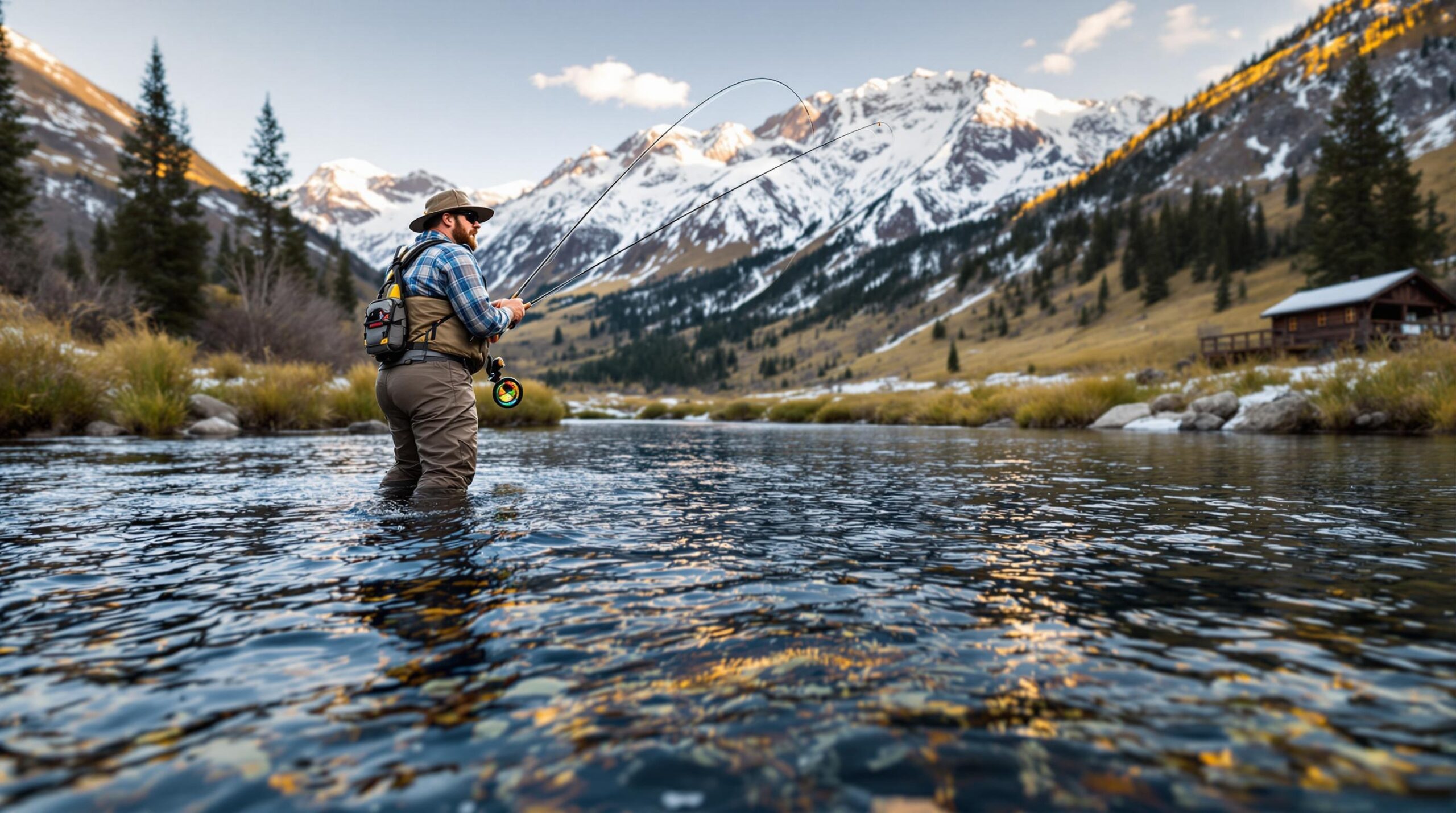 Professional guide demonstrating casting technique during guided fly fishing trips on Silver Creek in Sun Valley Idaho with snow-capped Sawtooth Mountains in background
