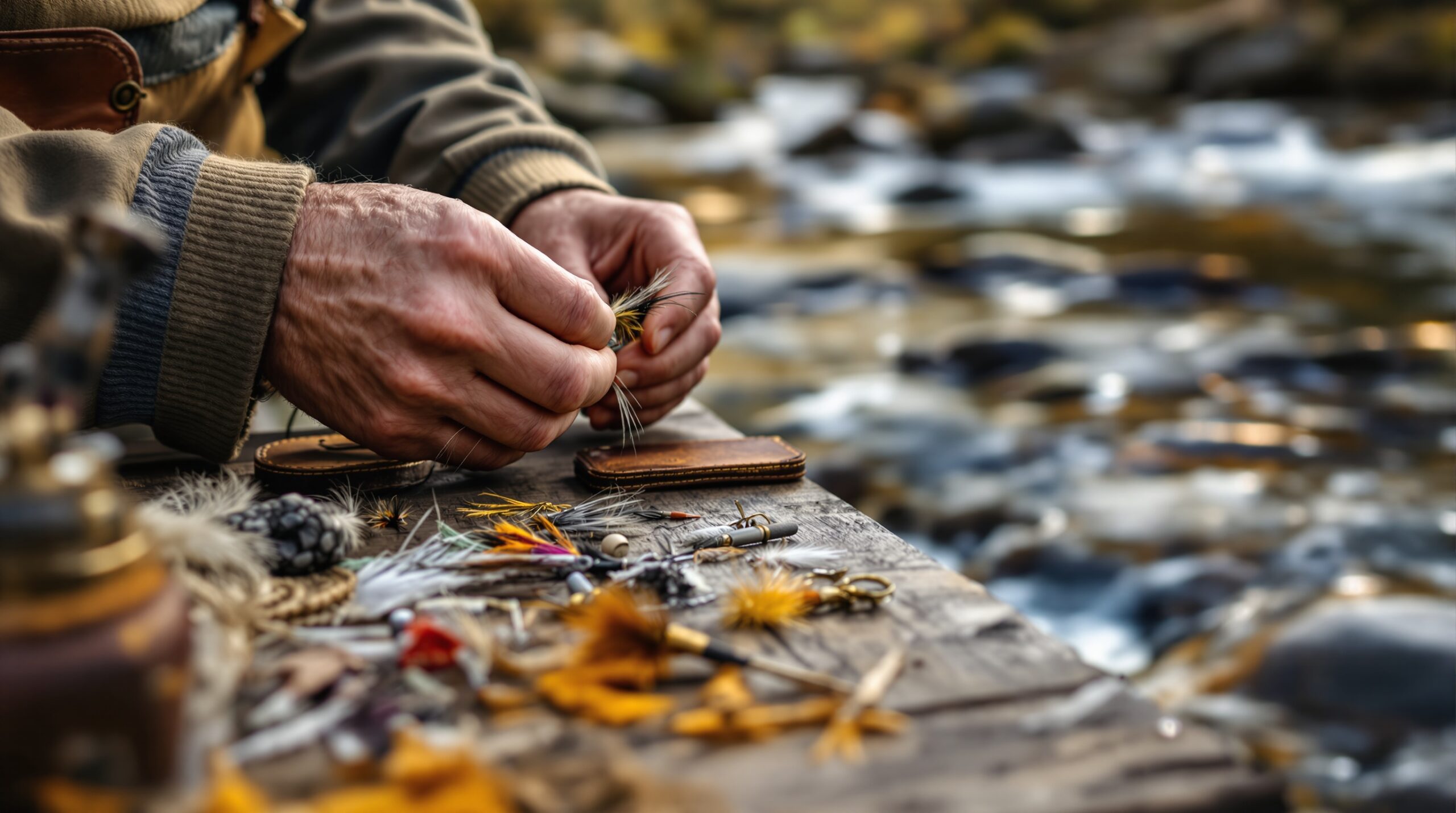 Weathered hands tying a dry fly at wooden streamside bench with Appalachian mountain stream and brook trout in background