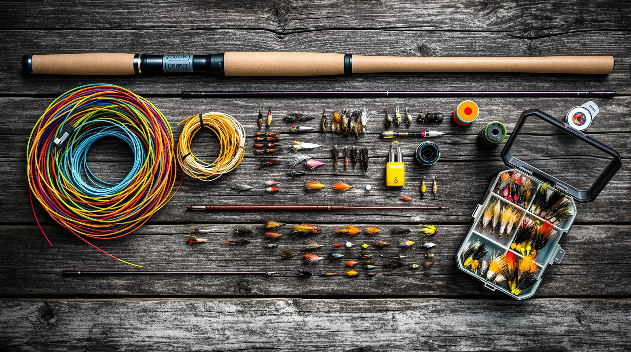 Essential euro nymphing tools arranged on wooden surface including specialized rod, sighter material, tungsten nymphs, and fly box