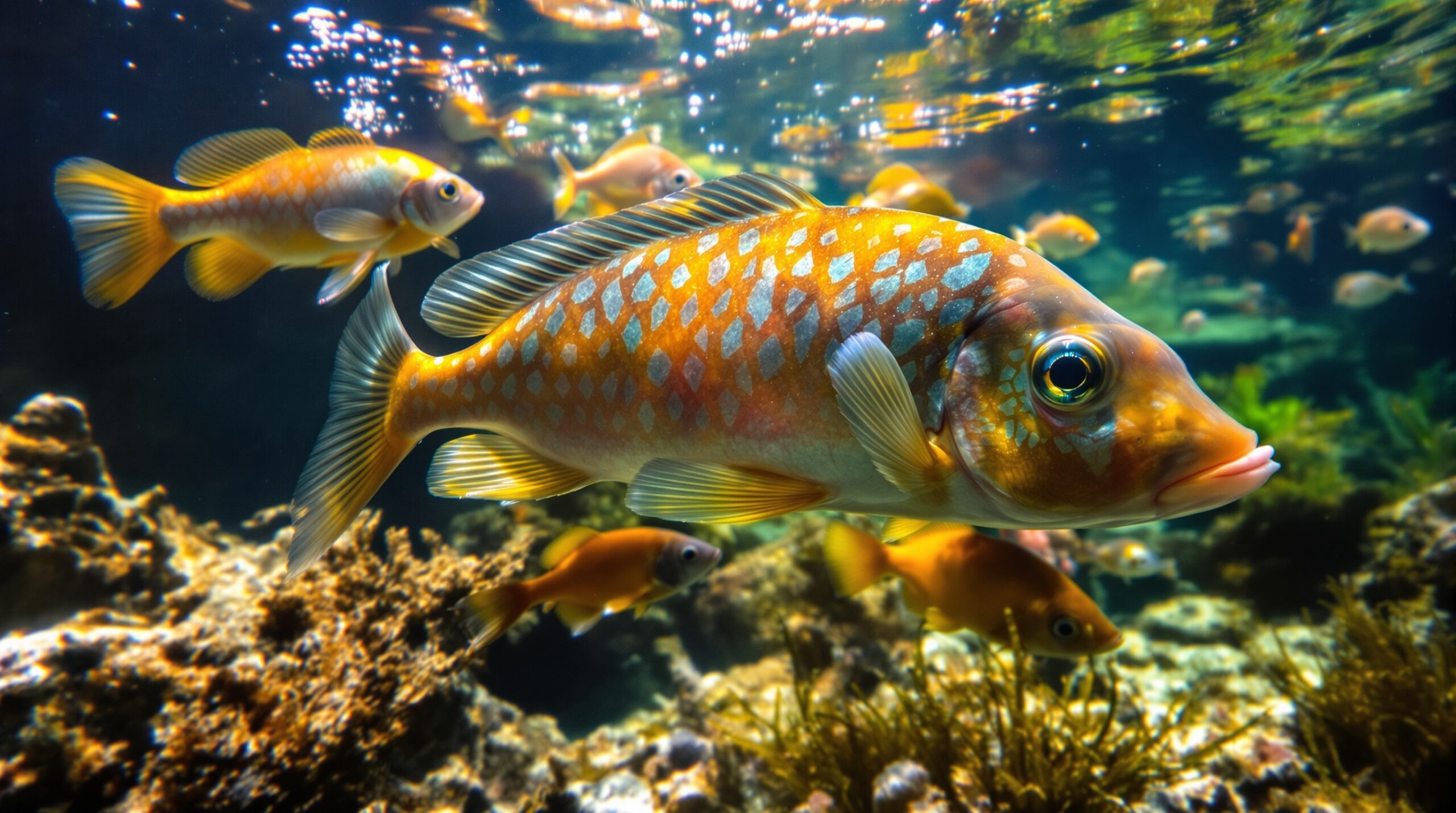 Close-up underwater view of colorful freshwater fish displaying natural behaviors among aquatic vegetation and rocks
