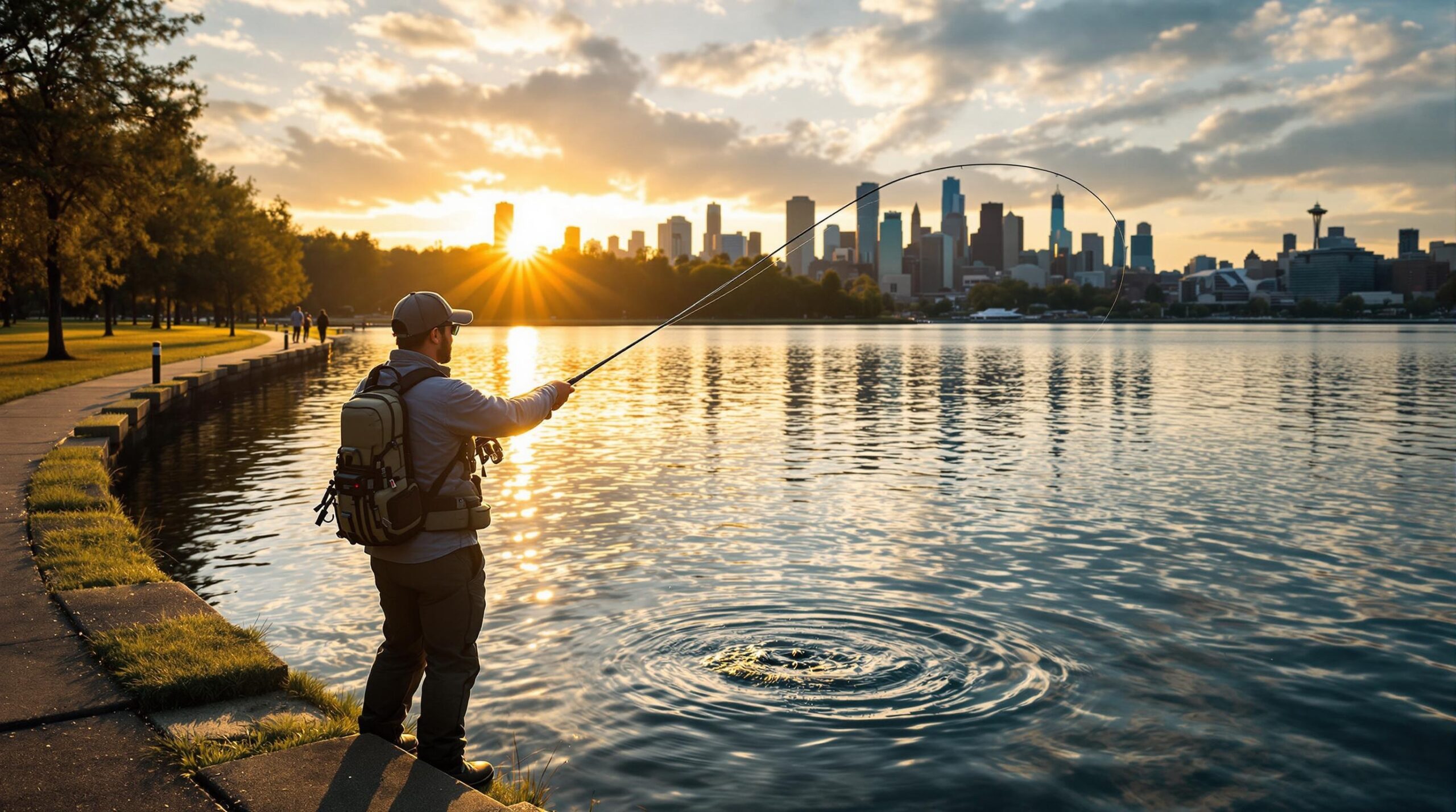 Fly fisherman casting at Green Lake during golden hour with Seattle skyline in background