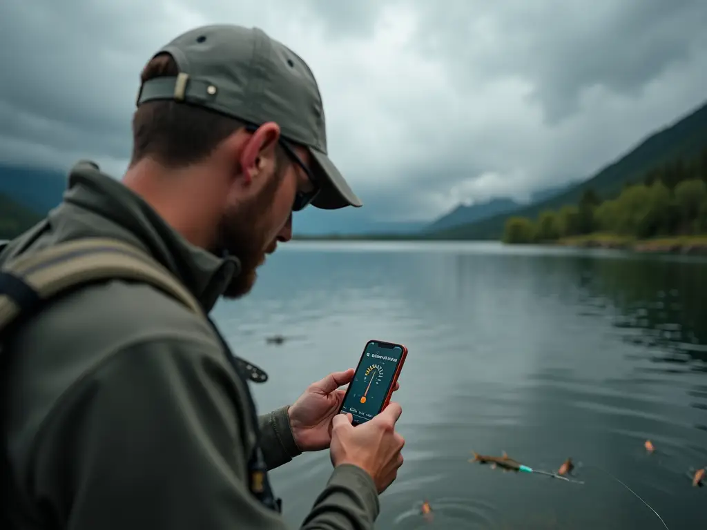 Angler checking barometric pressure before fishing as weather changes