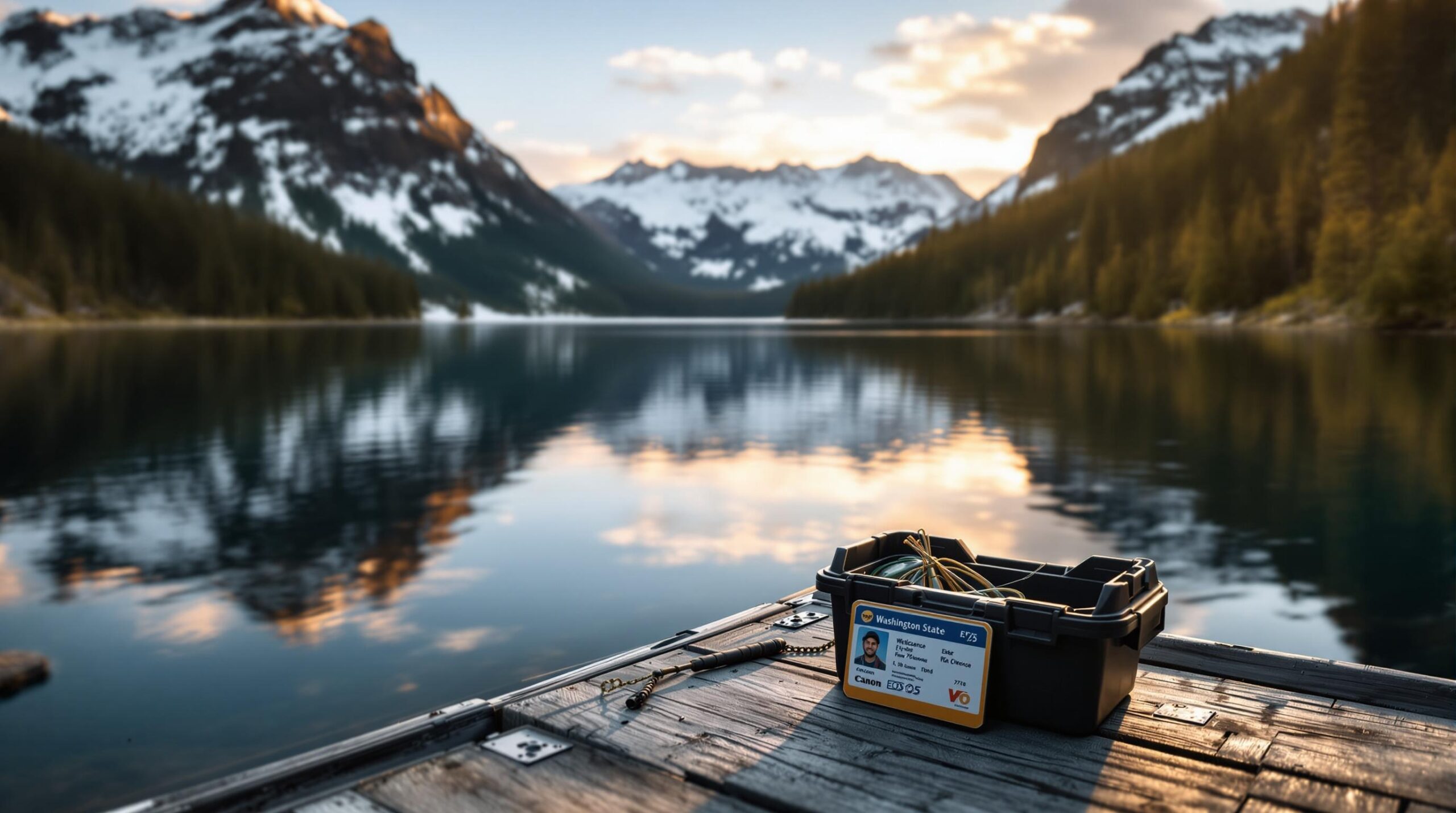 Angler fishing from wooden dock at alpine lake during golden hour with Washington State Fishing License displayed prominently beside tackle box, snow-capped mountains and evergreen forests in background.