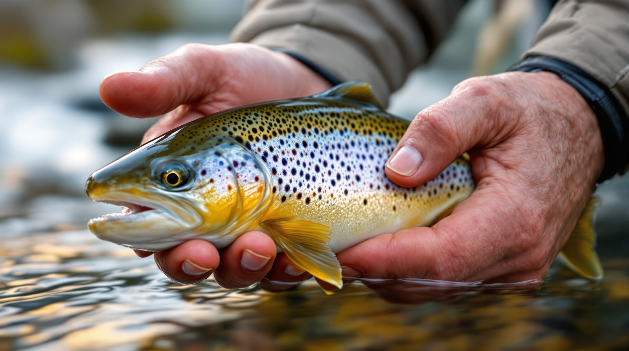 Experienced angler's hands gently holding colorful wild trout above stream, demonstrating proper catch-and-release technique