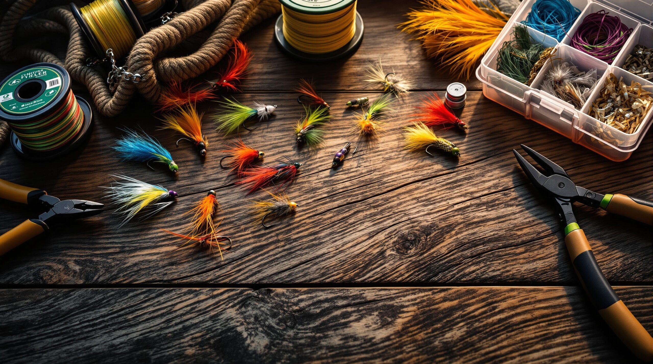 Essential fly fishing equipment for beginners including colorful flies, pliers, line spools, and organized fly box on wood