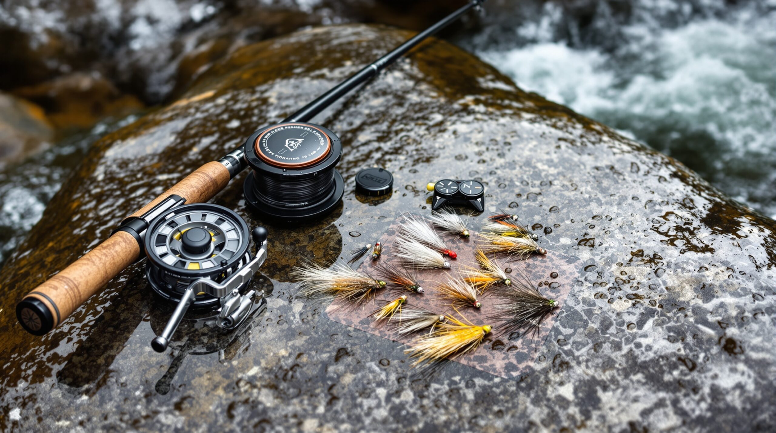 Fly fishing combo with rod, reel, and flies arranged on river rocks beside mountain stream with water droplets