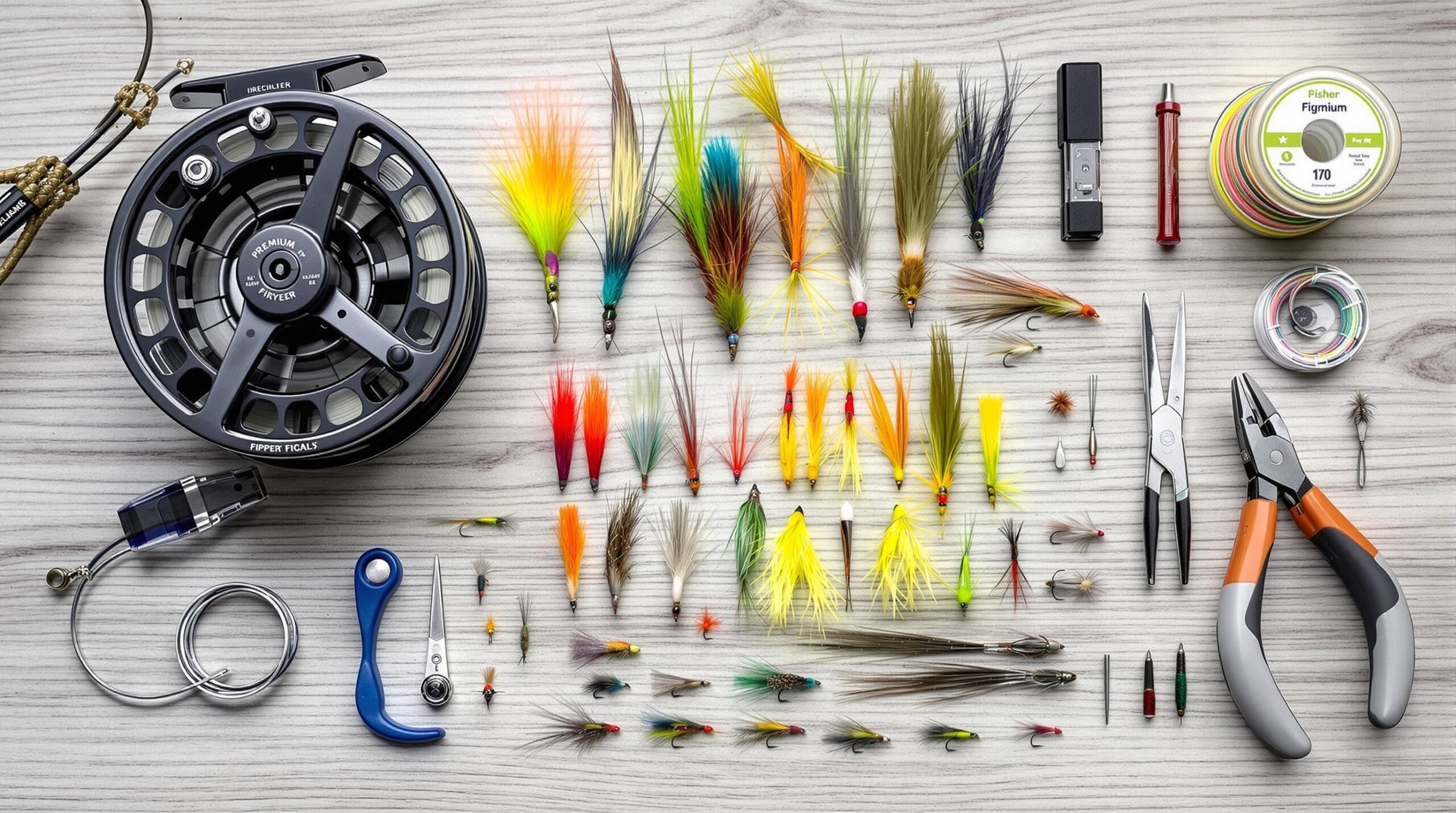 Essential fly fishing equipment for beginners laid out on wooden surface including reel, flies, tippet, and tools