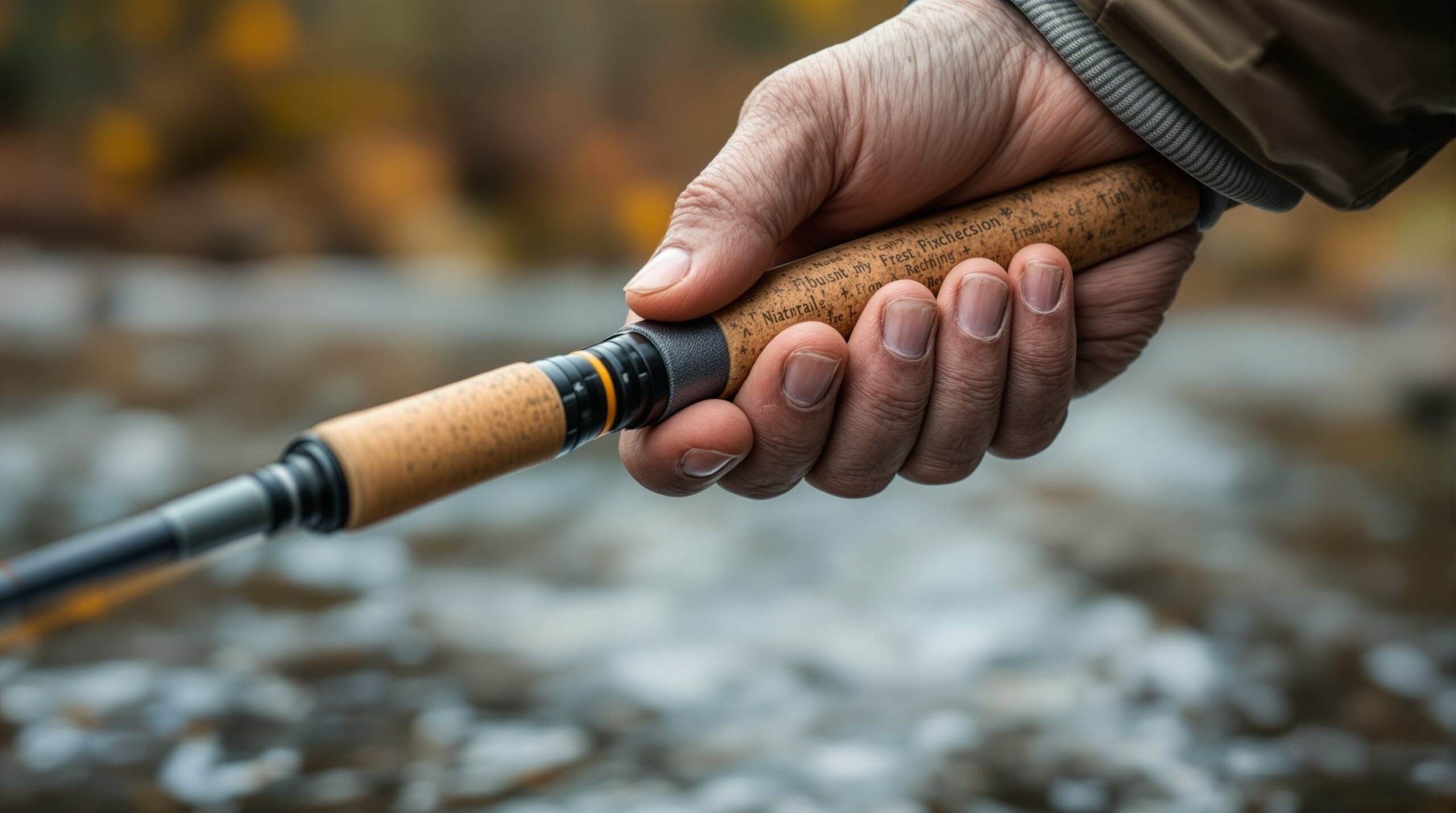 Experienced angler's hands holding lightweight fly rod with cork handle over blurred trout stream background