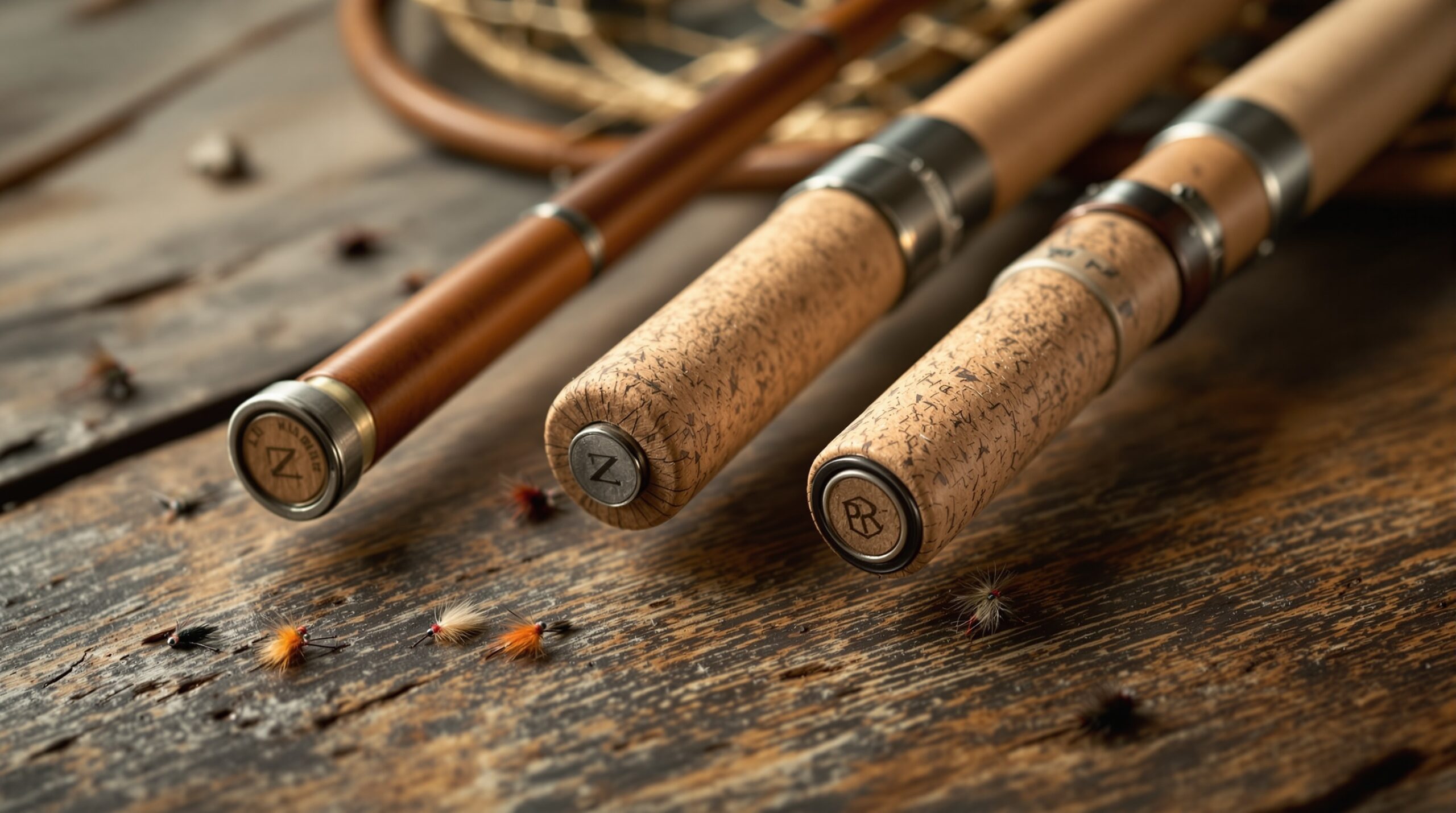 Close-up of three fly rod handles showing different weights and construction on wooden surface with fishing flies