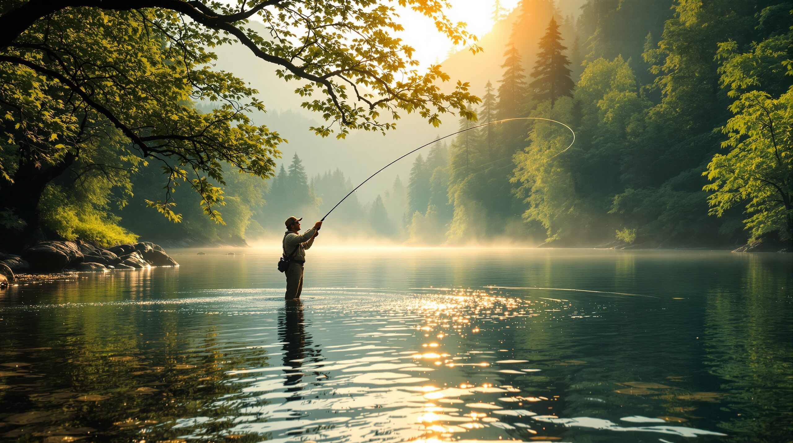 Fly fisherman casting bamboo fly fishing rod on mountain stream during golden hour with graceful arc and elegant line loop