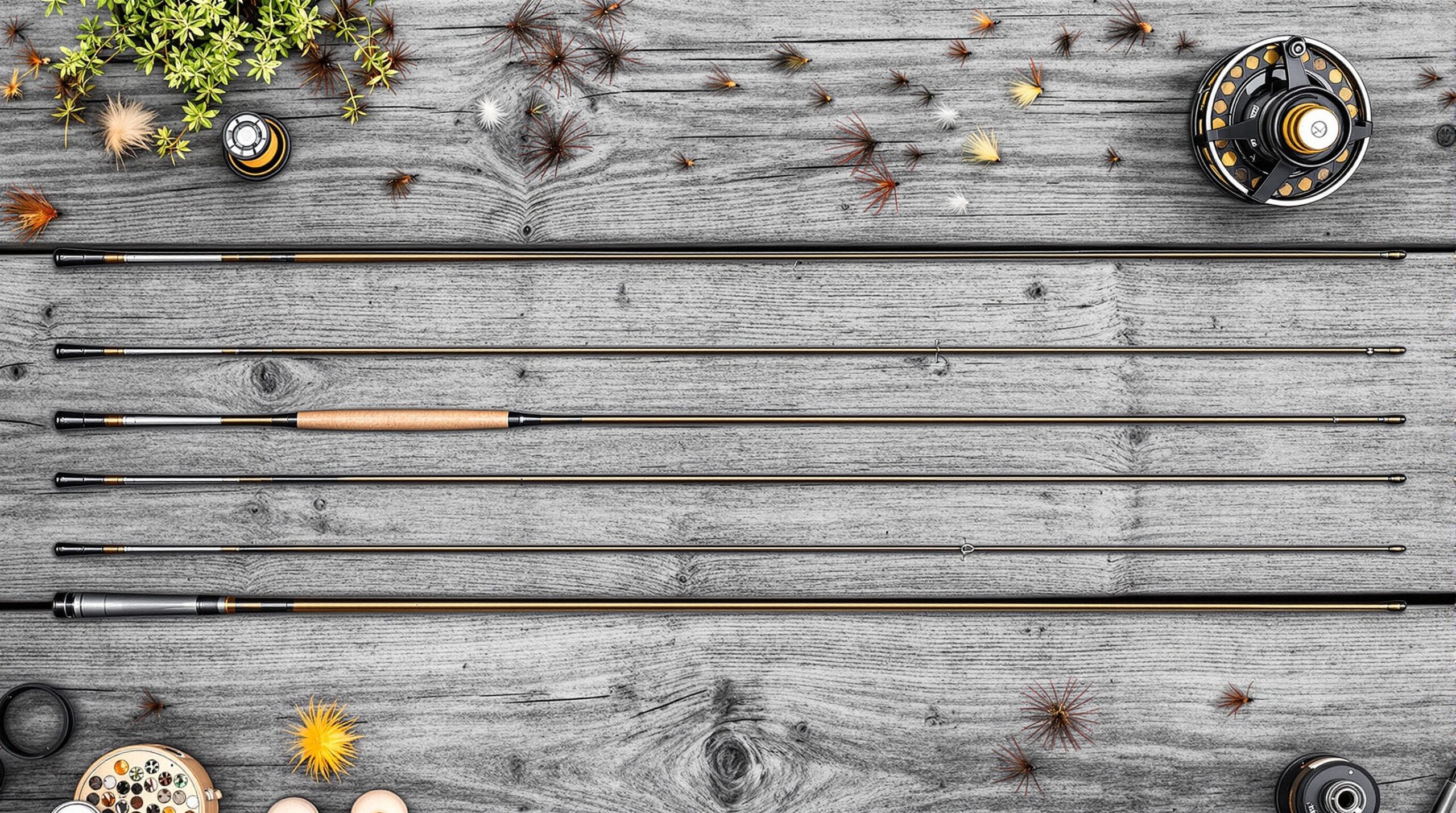 Four fly rods showing different weights from 3 to 6 arranged on wooden planks with reels and flies