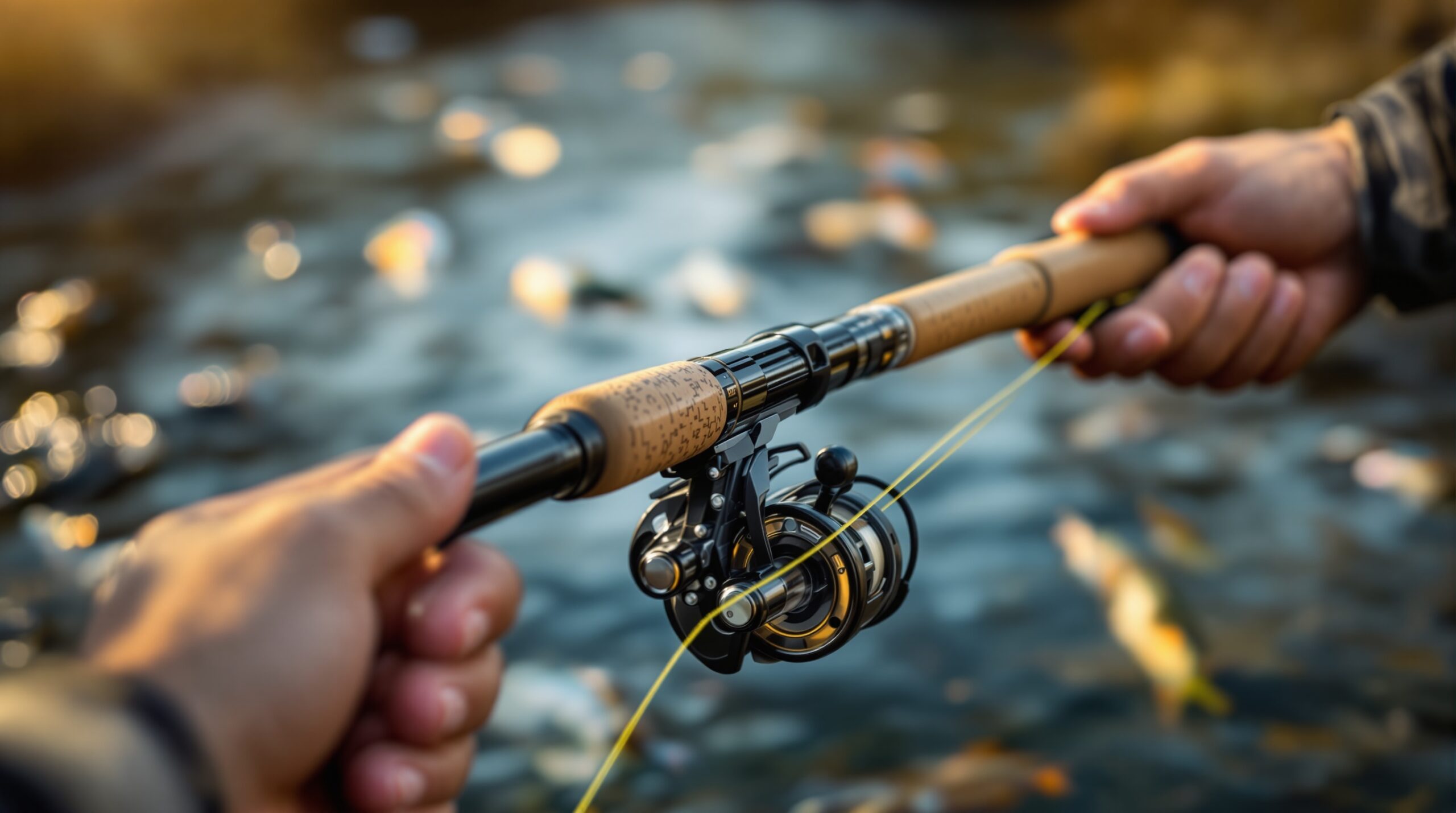Frustrated angler's tense grip on premium carbon fiber fly rod with cork handle, blurred trout stream in background