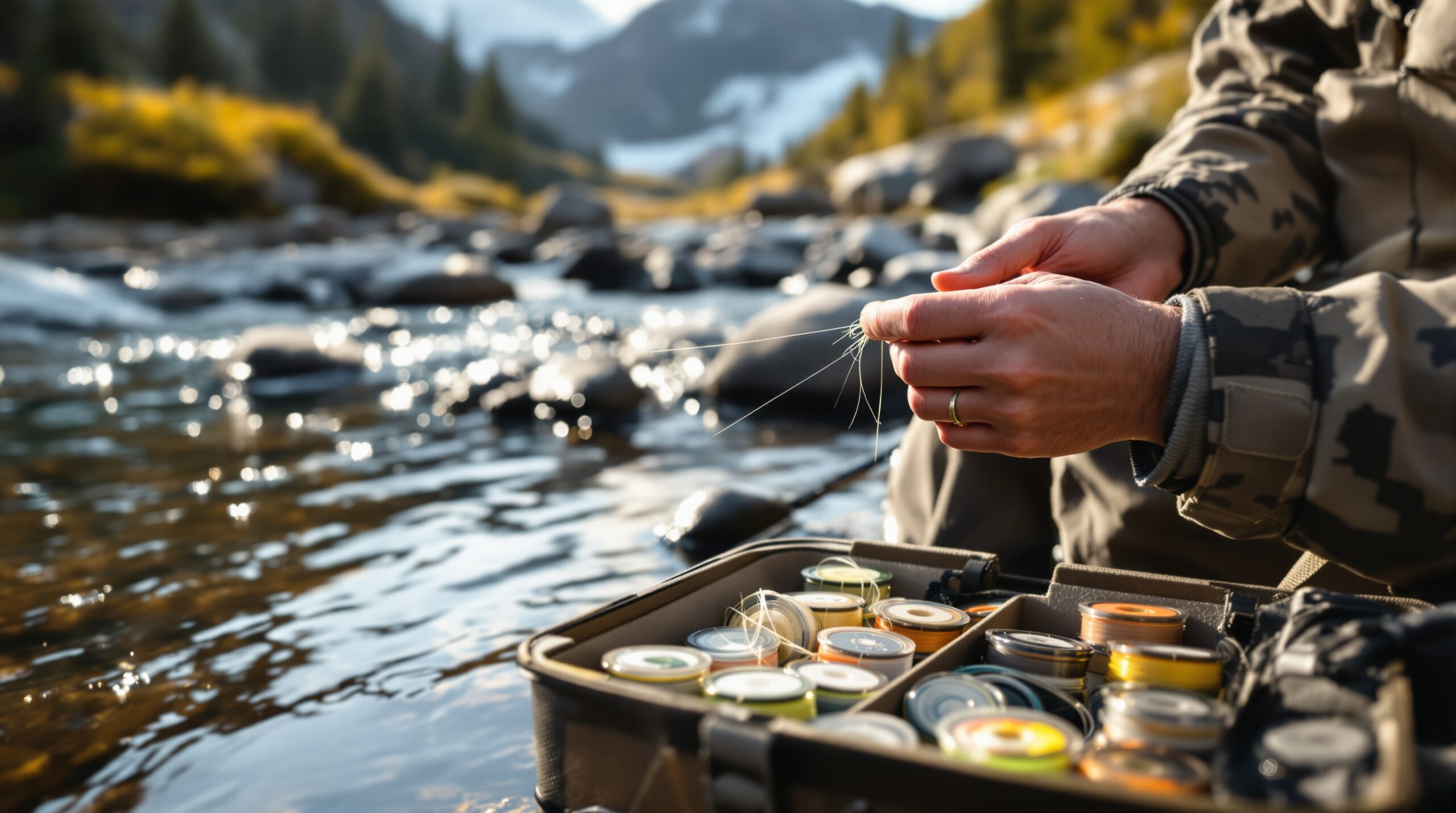 Angler examining fly fishing tippet for damage beside mountain stream with tackle box and rod visible
