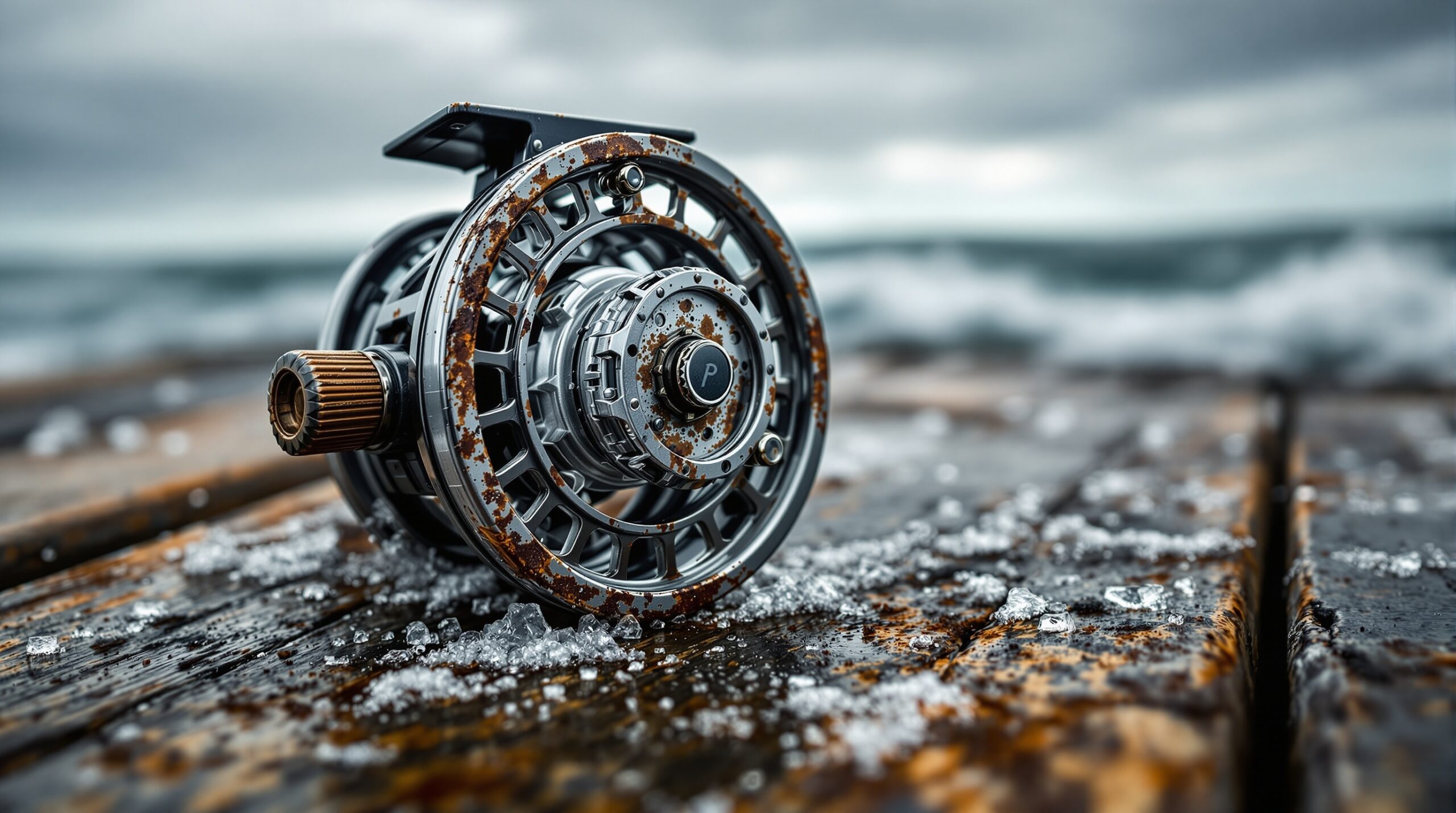 altwater fly fishing reel with salt crystals and water damage on weathered dock planks