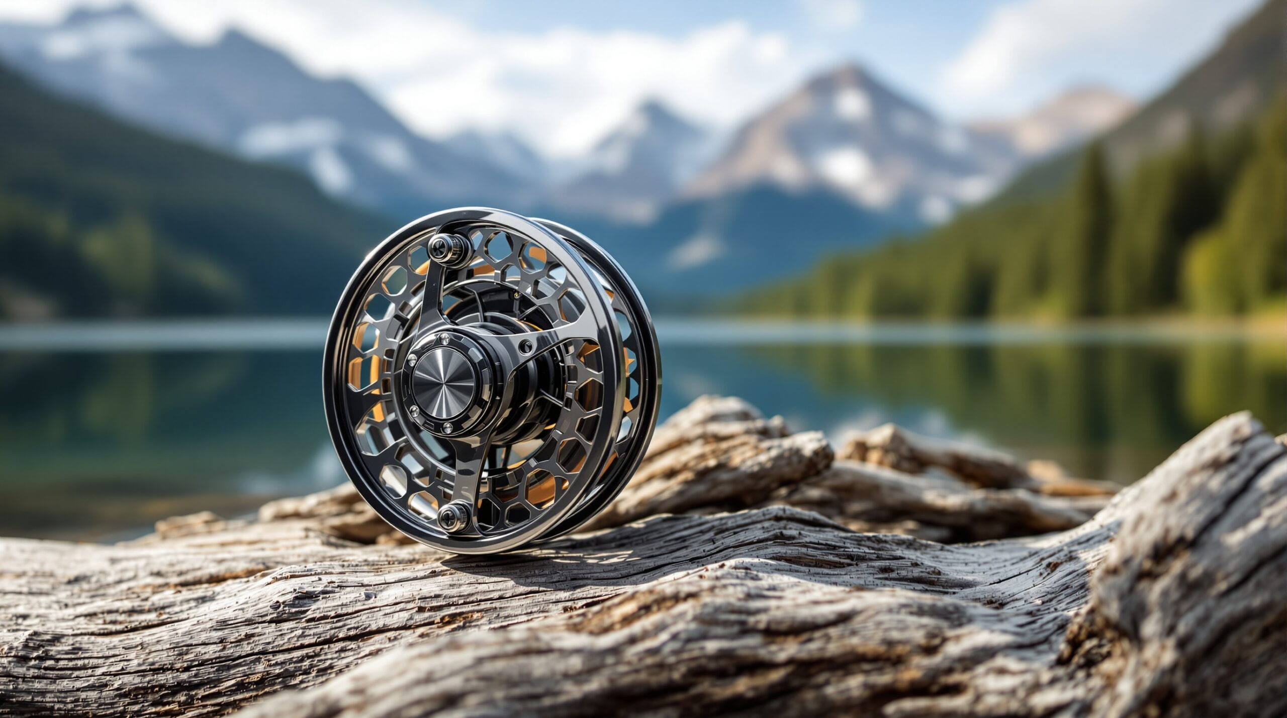 Close-up of fly fishing reel drag system and spool on driftwood beside mountain lake with blurred forest background