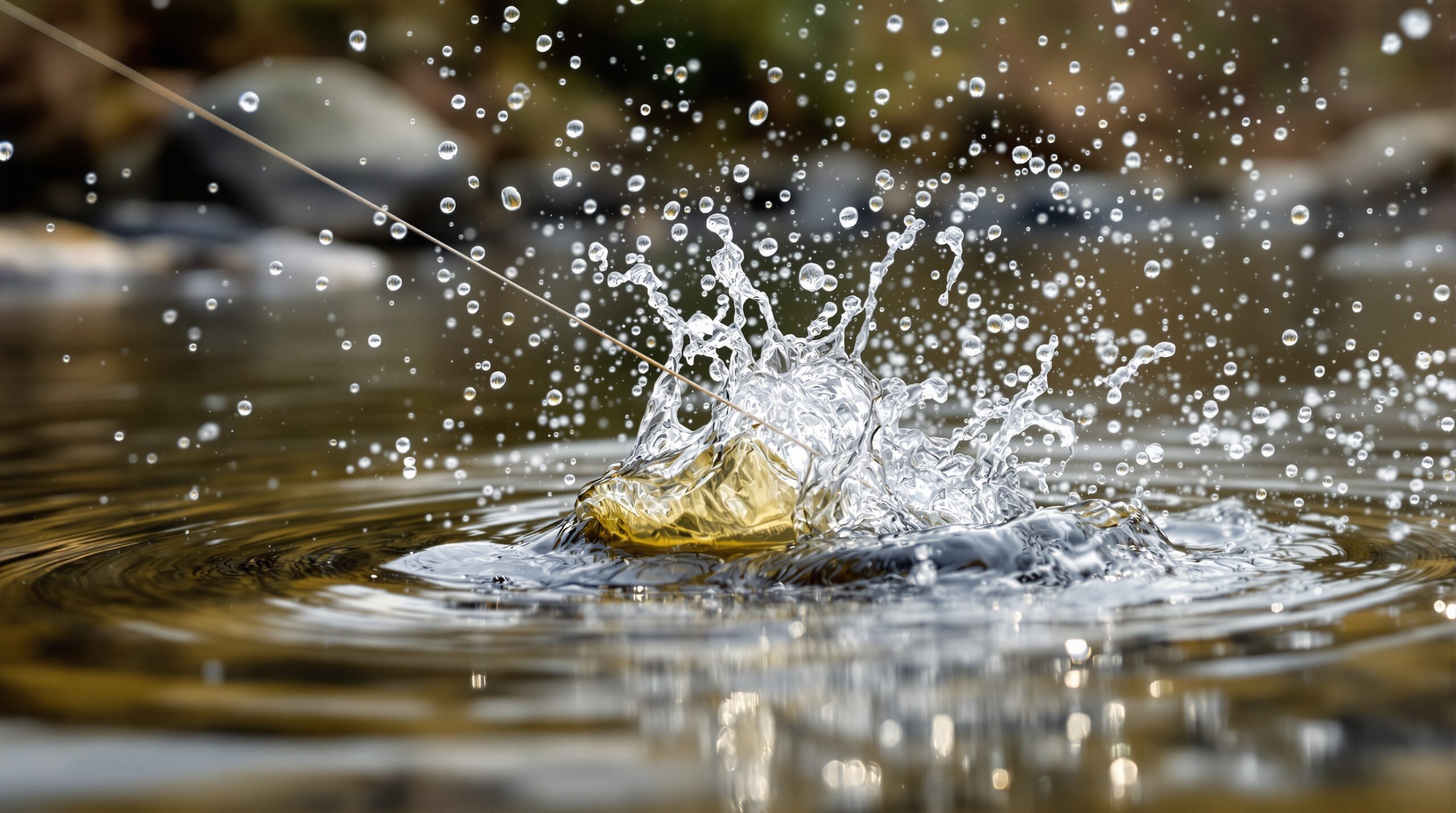 Close-up of fly fishing line creating heavy splash and water disturbance that scares trout in calm stream