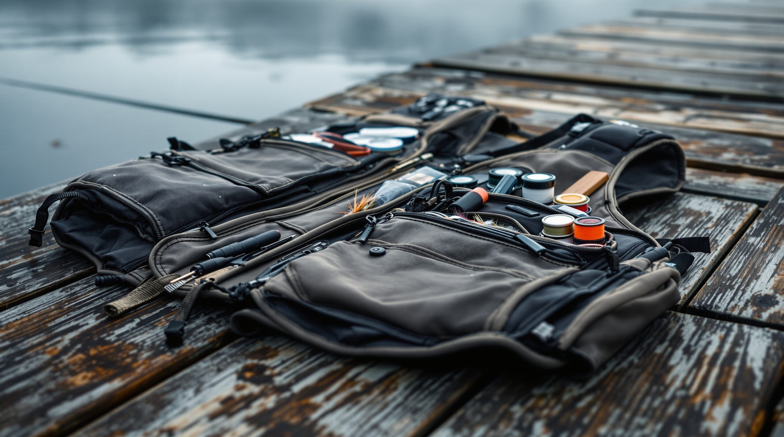Well-worn fly fishing vest with open pockets showing gear laid flat on weathered wooden dock with misty lake background