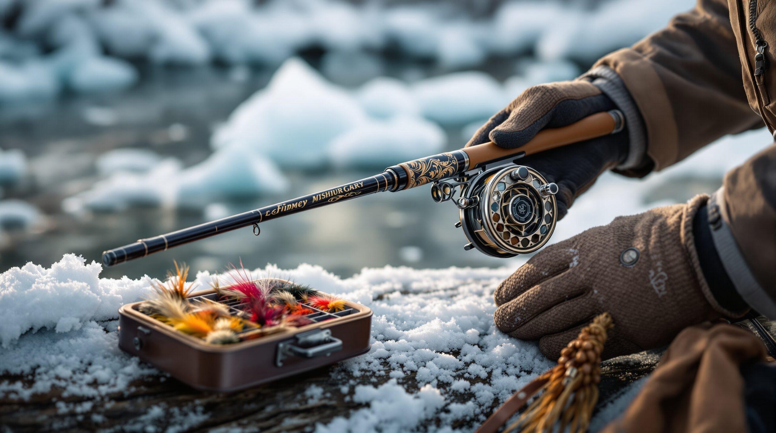 Weathered hands holding fly fishing rod with reel, winter gear, and steaming thermos beside frozen stream in snow