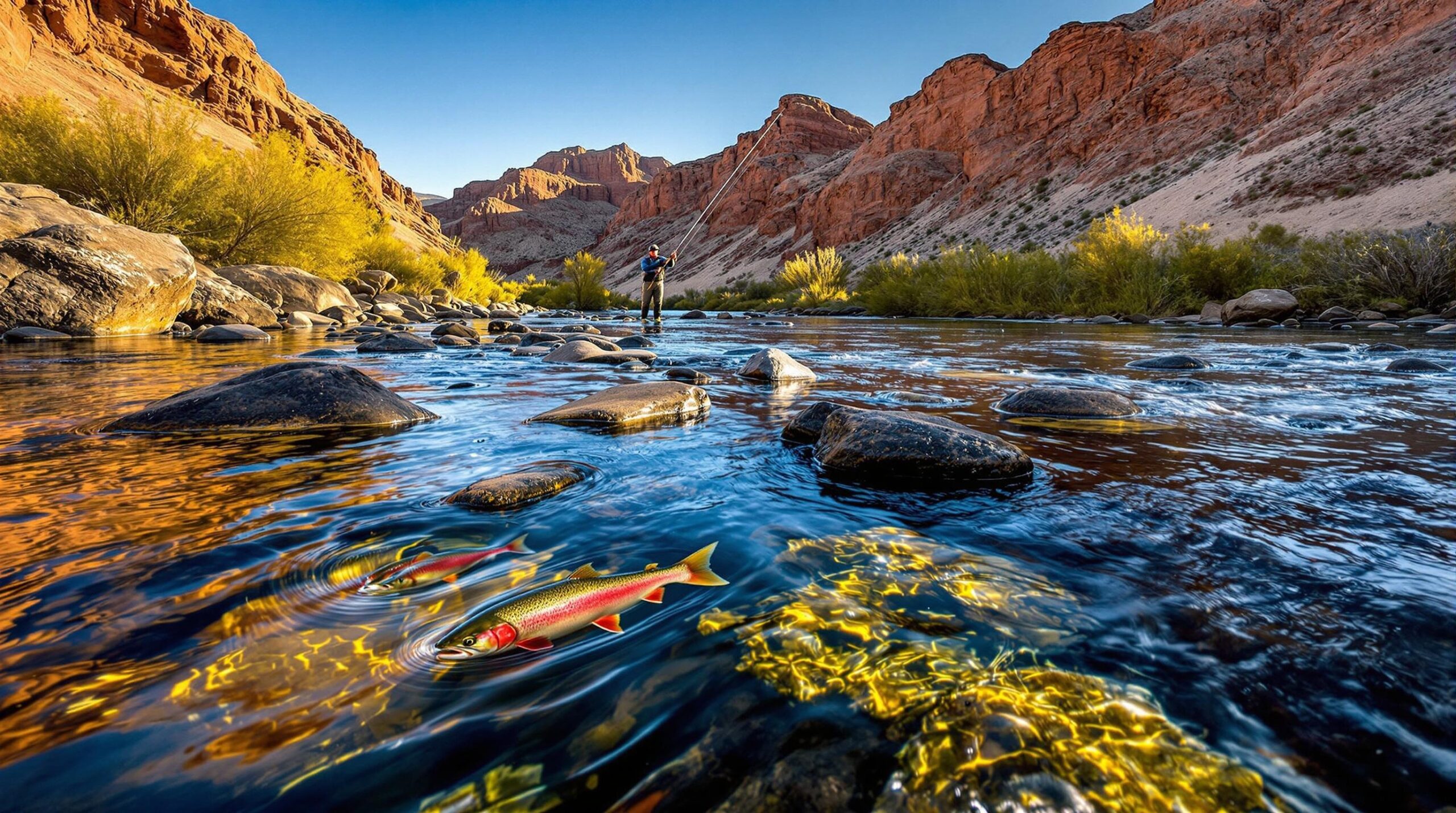 Angler fly fishing on the pristine Yakima River during golden hour, with clear water flowing over rocks and rainbow trout visible beneath the surface, surrounded by desert canyon walls and sagebrush in Washington state.