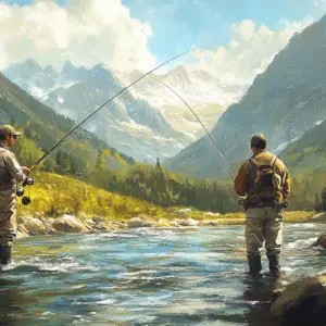 Two fly fishermen standing in a clear mountain stream, casting their lines against a backdrop of majestic mountain peaks. The anglers wear wading gear and are surrounded by a picturesque valley with green forests and sunlit alpine meadows.