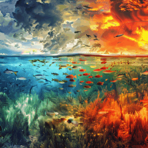 A detailed educational illustration showing the impact of water temperature on fish behavior Split into two sides one showing cold water with slower moving fish and less feeding activity below 50°F and the other showing warm water with more active fish and increased feeding above 70°F Include scientific elements like temperature gauges in the water fish with visible lateral lines and different species trout salmon carp showing their varied reactions to temperature Use a vibrant blue green color palette with clear temperature indicators Style should be semi realistic with educational infographic elements that clearly demonstrate the metabolic differences in fish at various temperatures